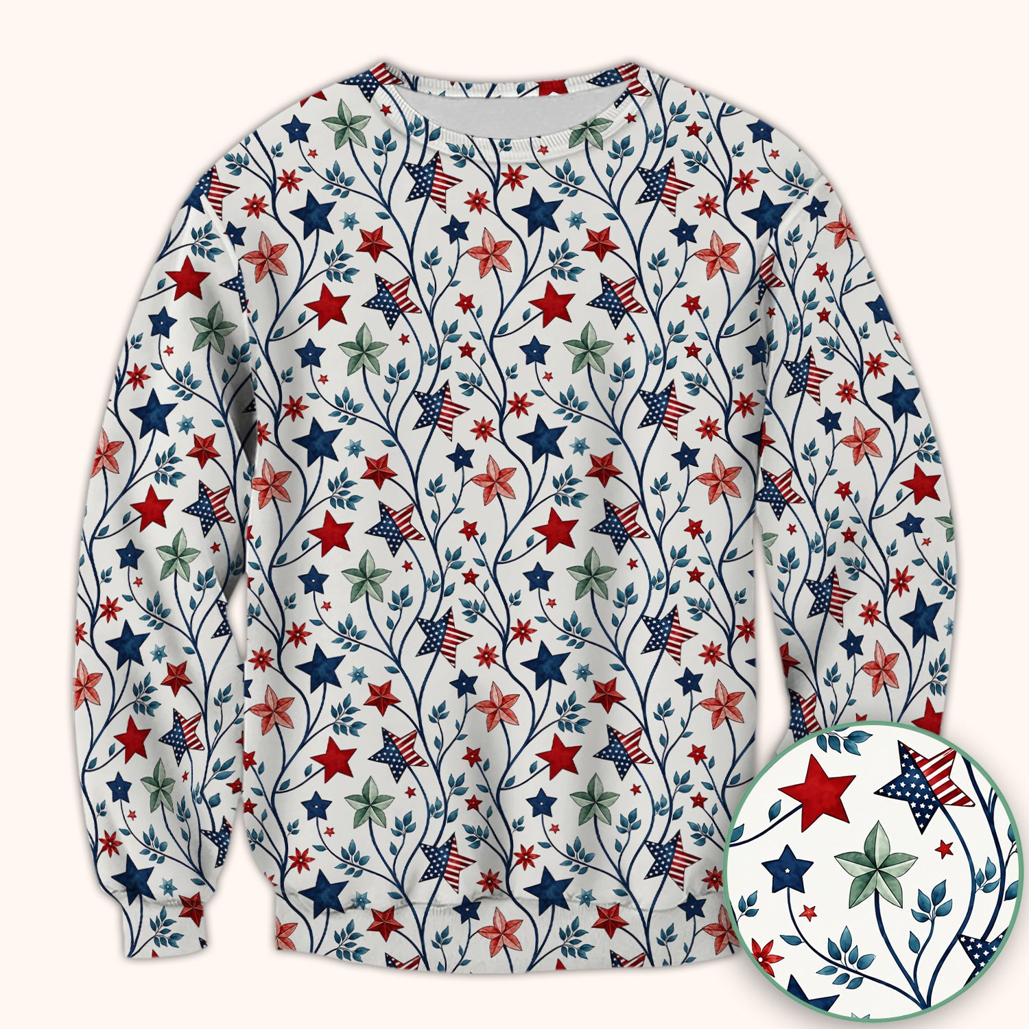 Patriotic Star Vine Floral Print Scrub Top, Comfortable Scrubs for Nurses