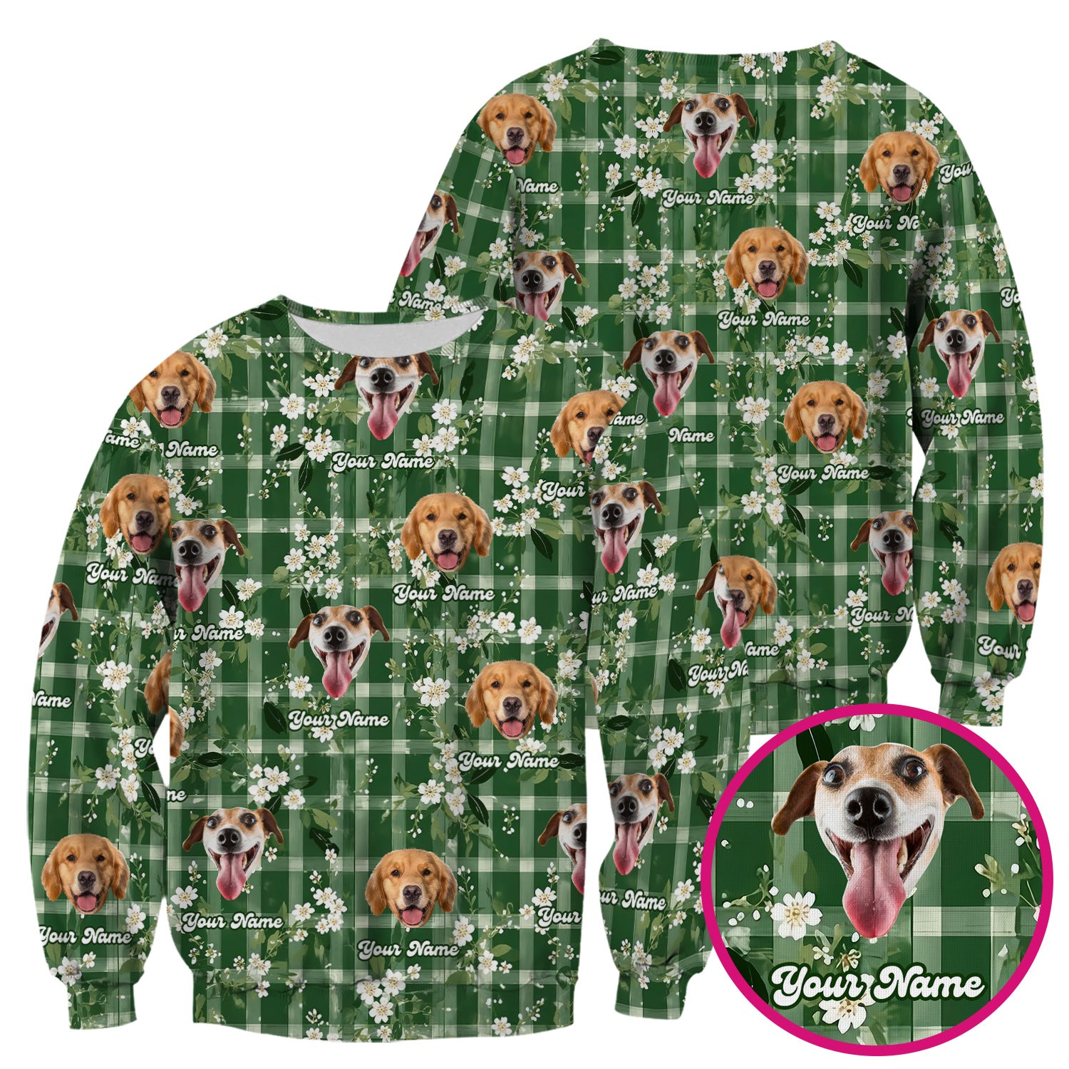 Custom Dog Face Scrub Top, Dog Green Plaid Floral Pattern Shirt, Comfortable Scrubs for Nurses