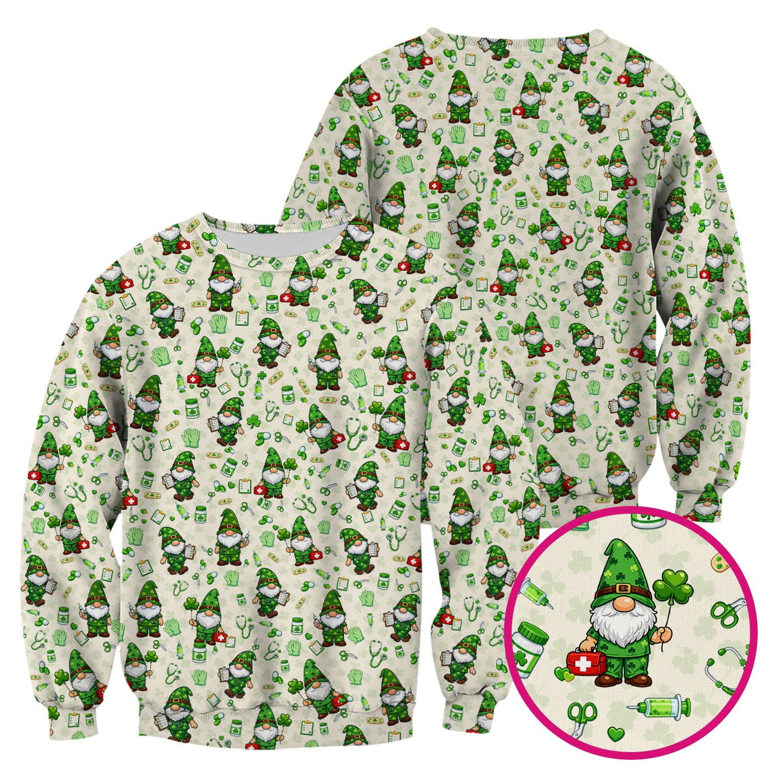 St. Patrick’s Day Nurse Gnome Scrub Top, Green Lucky Medical Pattern Nurse Shirt, Breathable Fabrics Nursing Uniform