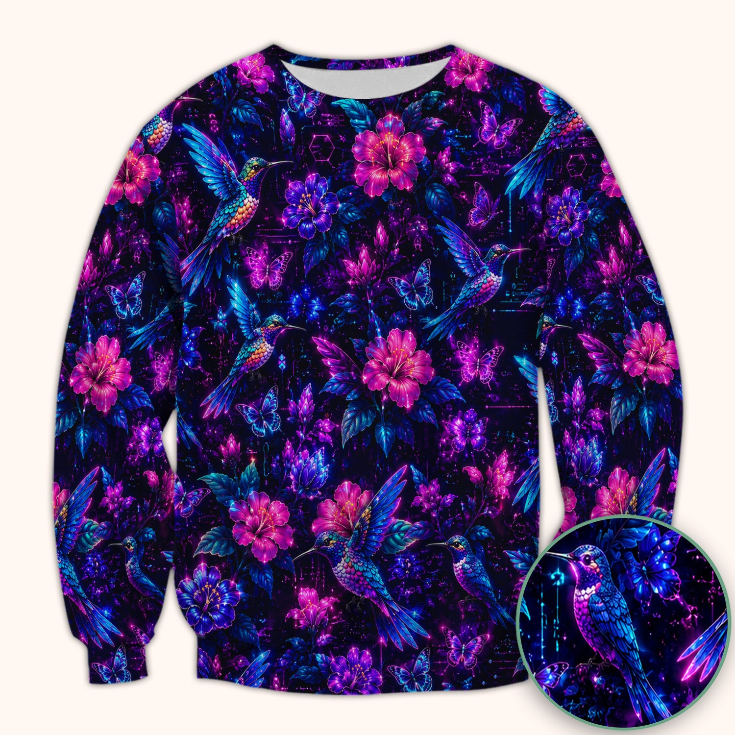 Neon Hummingbird Butterfly Bloom Pattern Scrub Top, Comfortable Scrubs for Nurses