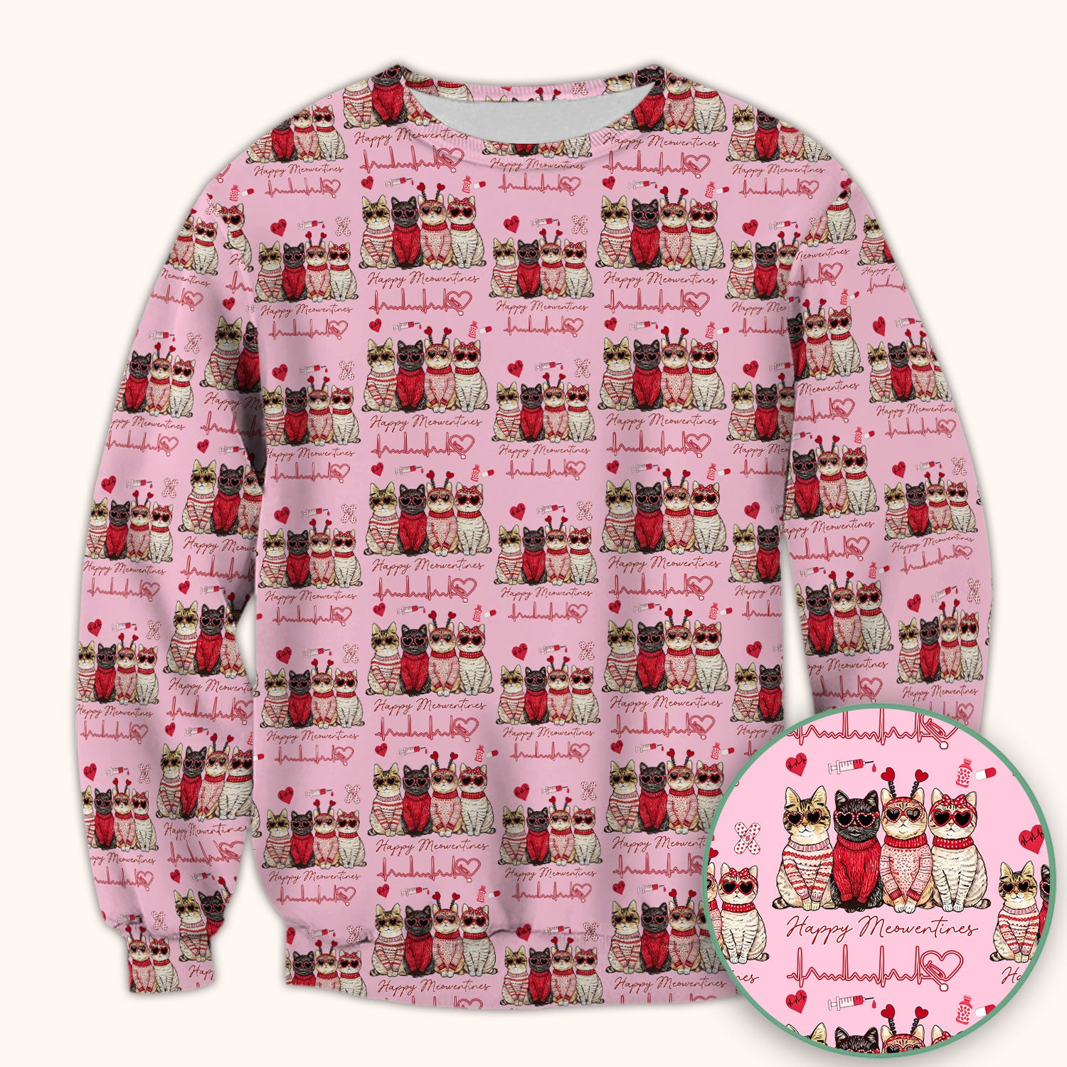 Happy Meowtines Cat Pattern Scrub Top, Valentine Cat Lover Nurse Scrub Shirt, Heartbeat Medical Pattern Nursing Uniform
