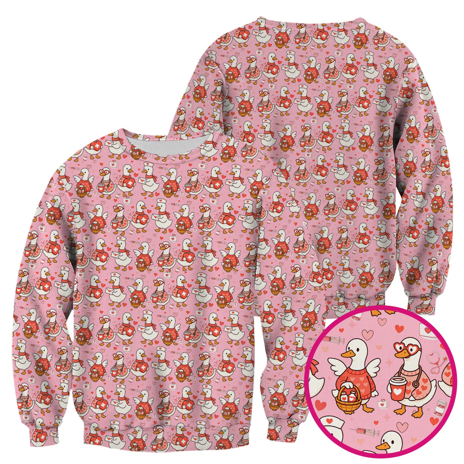 Valentine Goose Nurse Scrub Top, Heart Medical Pattern Nurse Shirt, Breathable Fabrics Nursing Uniform