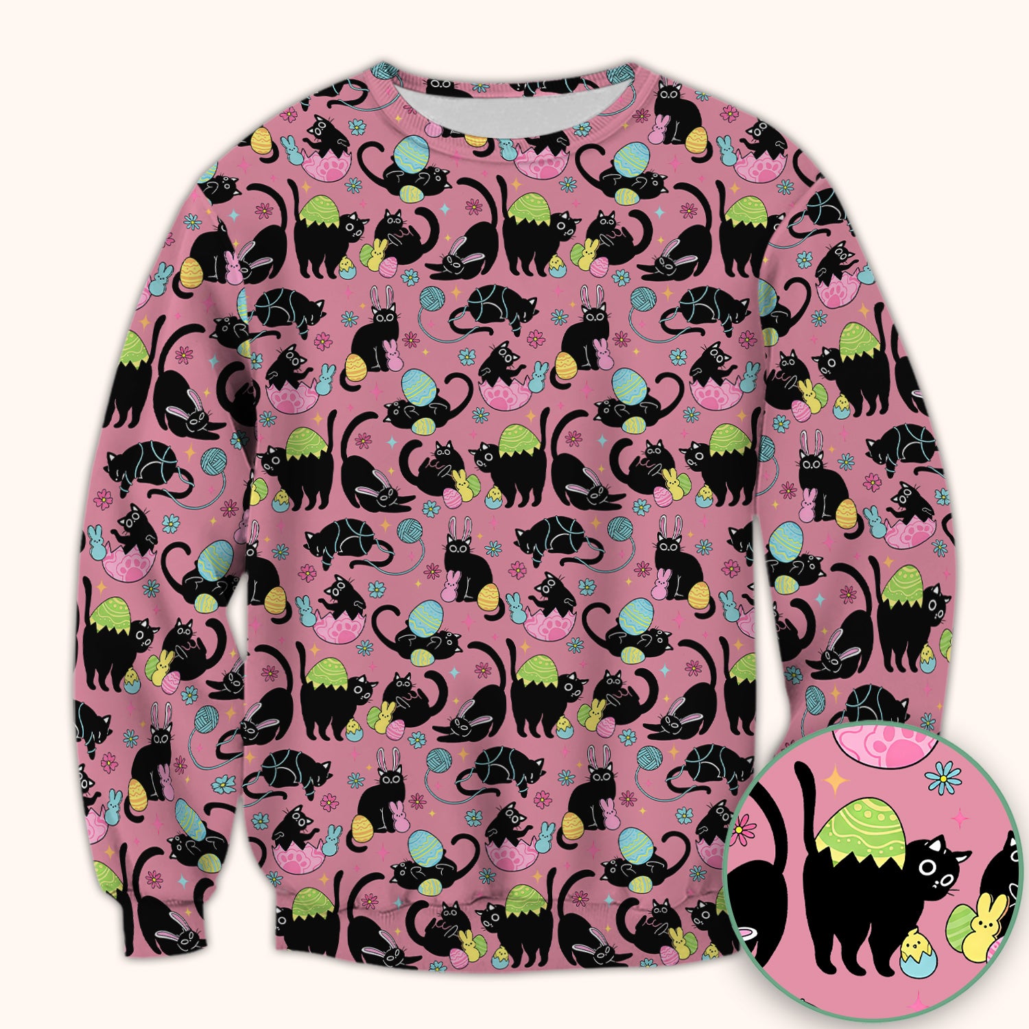 Funny Easter Black Cat Egg Pattern Scrub Top, Breathable Fabrics Nursing Uniform