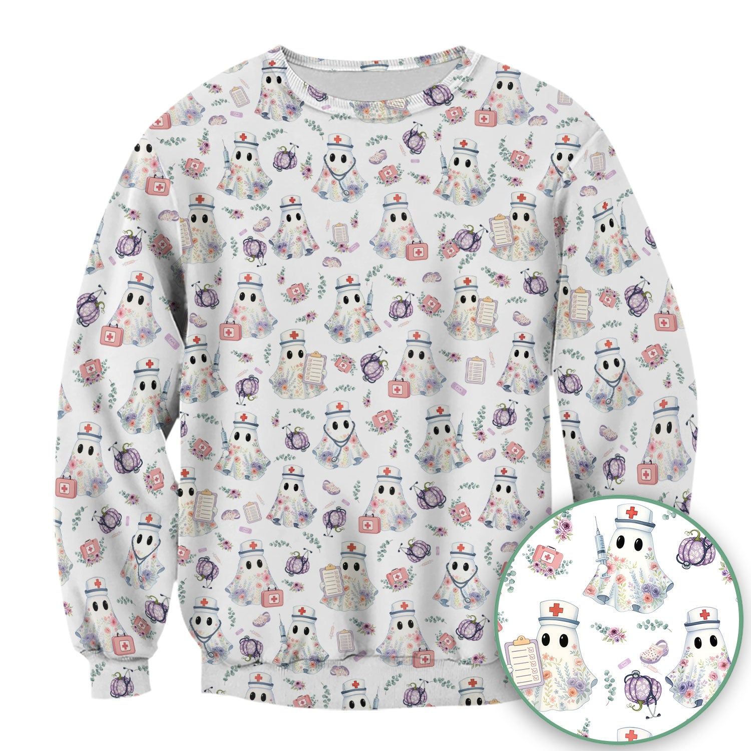 Ghost Nurse Medical Uniform - Cute Boo Halloween Pumpkin Scrub Top for Women - Gift for CRNA ICU Nurses