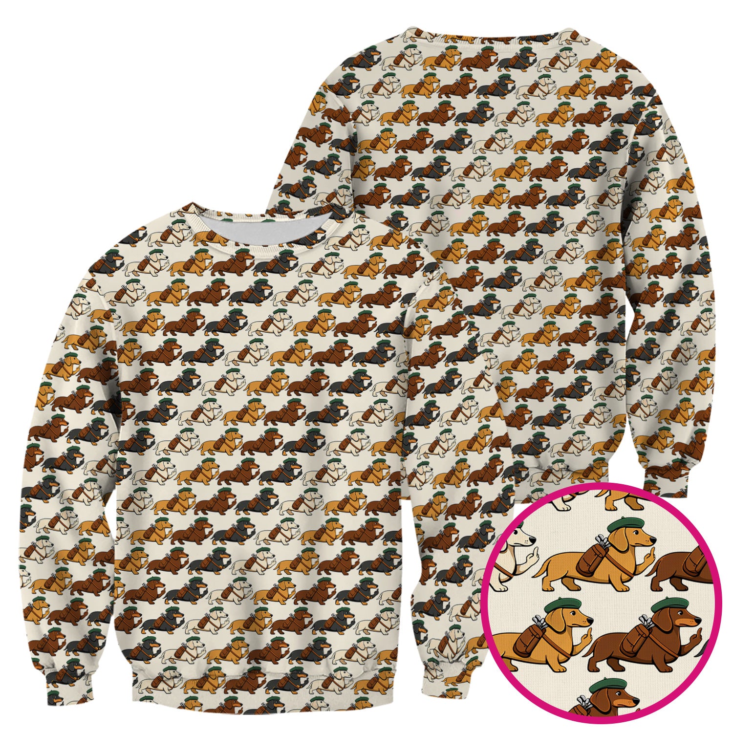Cartoon Dachshund Dog Wearing Hat And Backpack Pattern Scrub Top, Breathable Fabrics Nursing Uniform