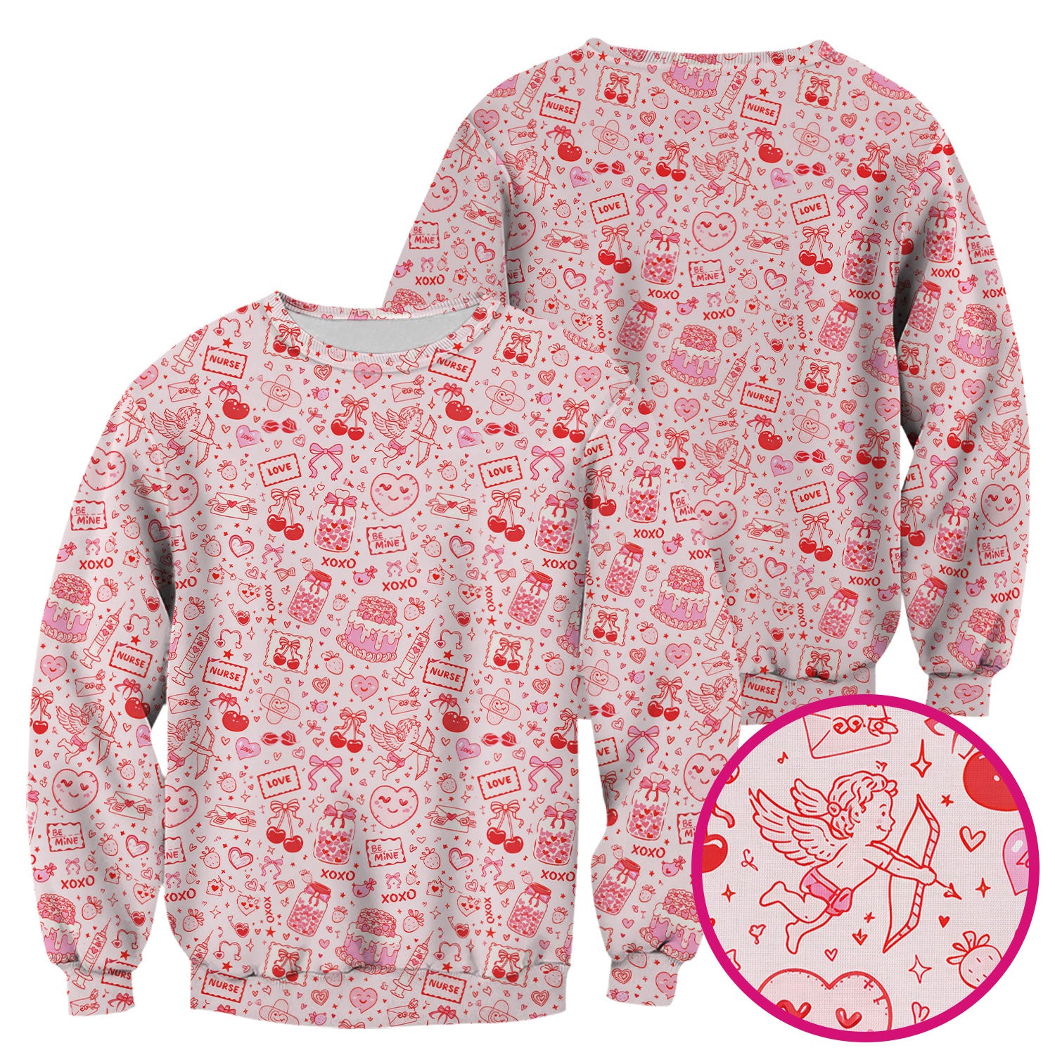 Valentine Pink XOXO Pattern Nurse Scrub Top, Comfortable Uniform Scrubs For Nursing