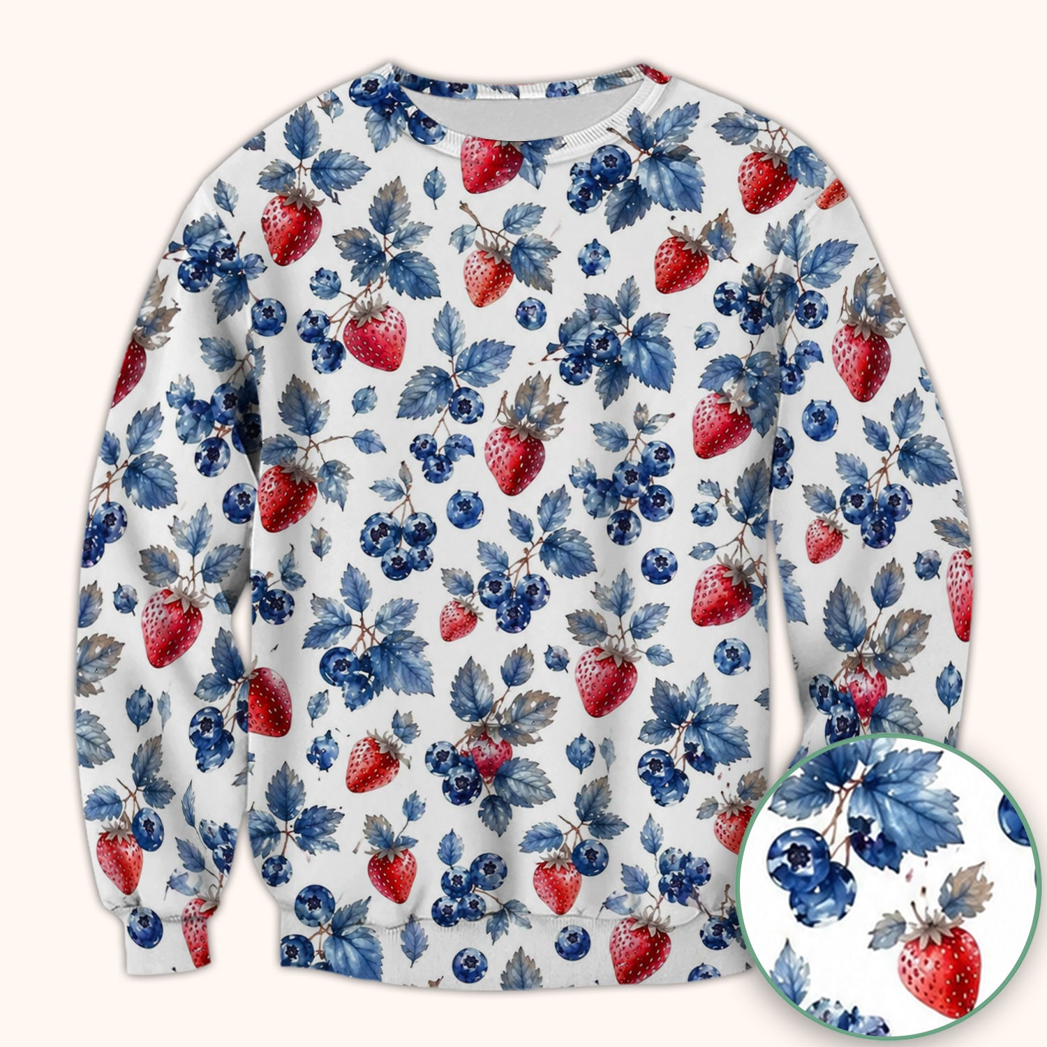 Cute Strawberry & Blueberry Leaf Pattern Scrub Top, Comfortable Scrubs for Nurses