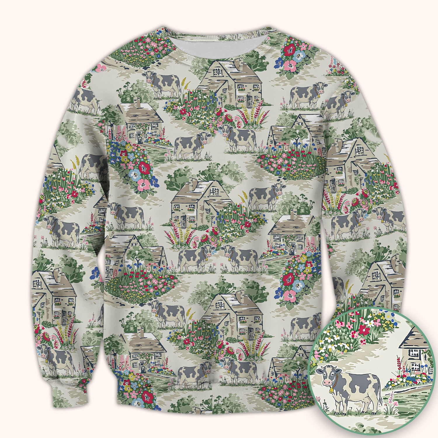 Charming Countryside Cows Cottage Garden Pattern Scrub Top, Comfortable Scrubs for Nurses