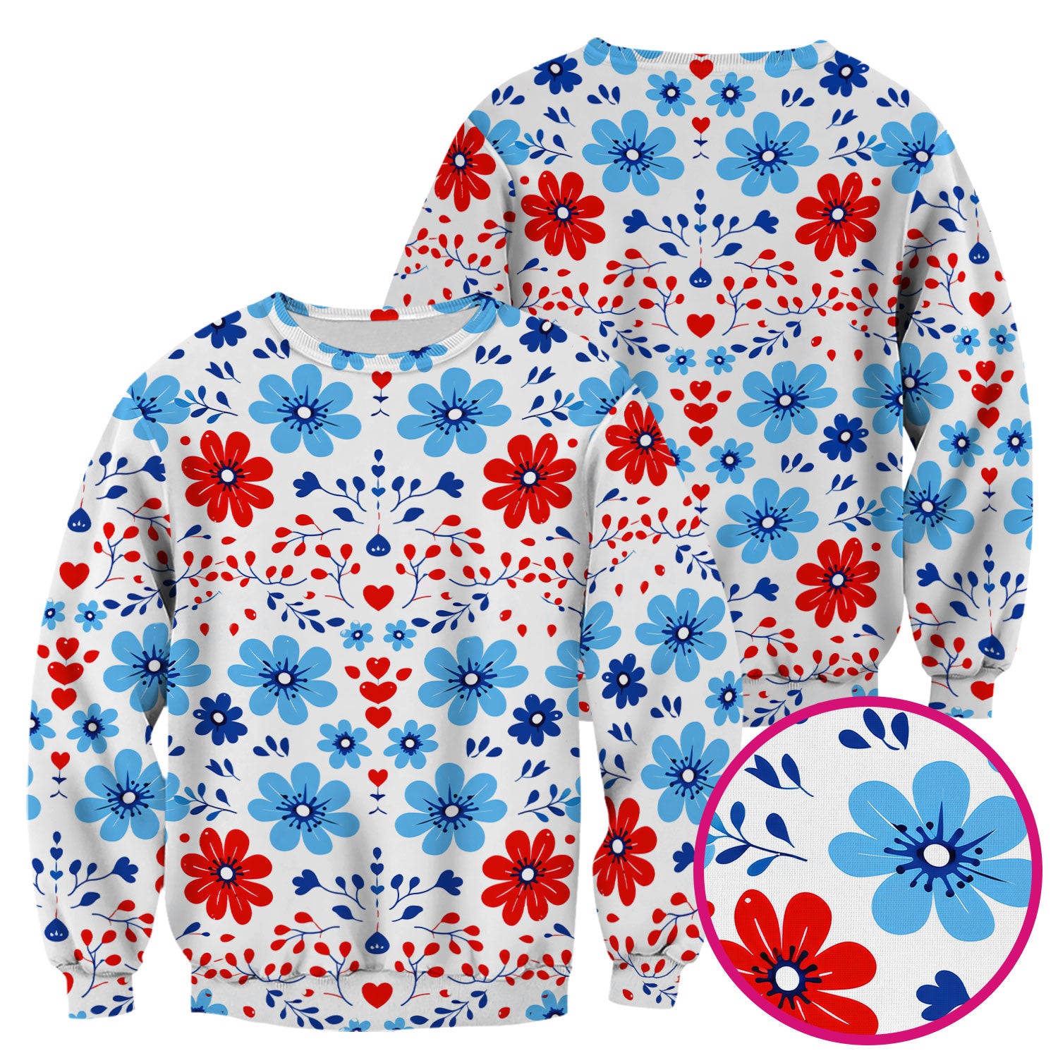 Symmetrical Folk Floral Heart Pattern Scrub Top, Breathable Fabrics Nursing Uniform