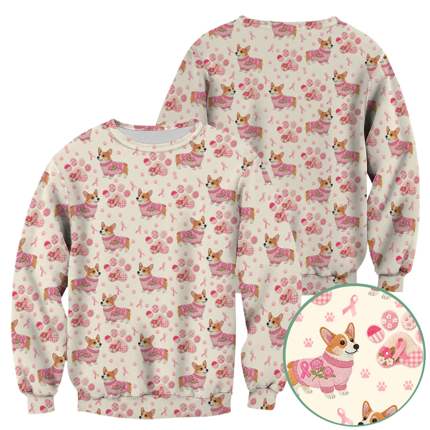 Floral Corgi Scrub Top for Women - Cute Dog Paw Print with Pink Ribbon Shirt - Breast Cancer Awareness October Gift