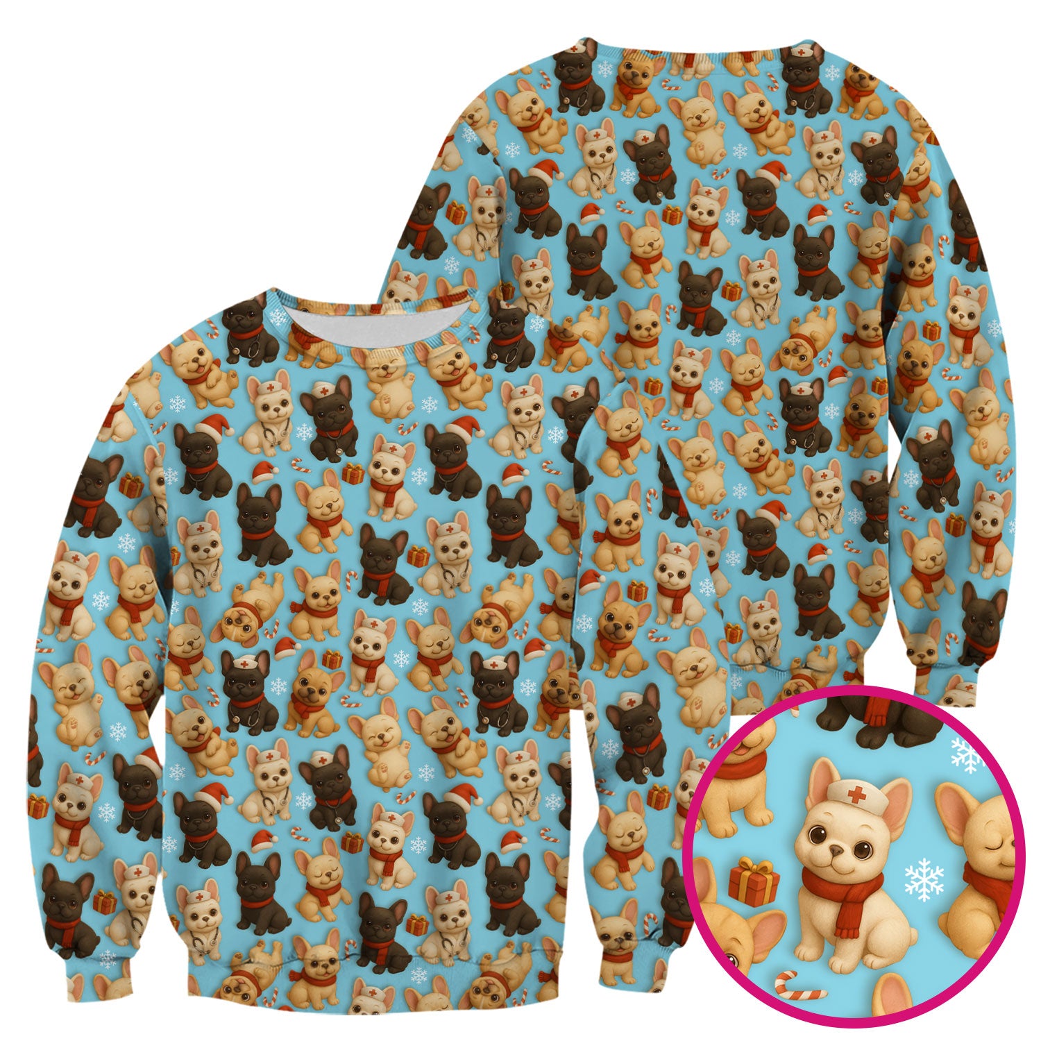 Christmas Dog Scrubs for Women - Cute French Bulldog Pattern Medical Scrub Top - Festive Holiday Nurse Scrubs with Adorable Puppy Design