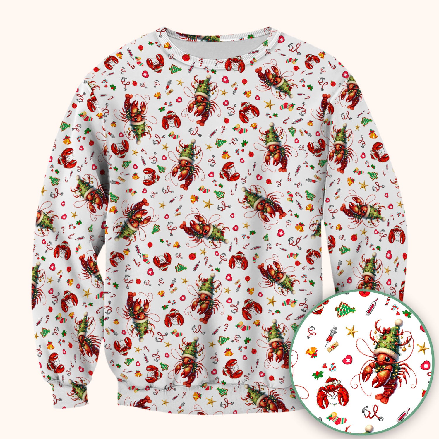 Whimsical Crawfish Christmas Scrub Top – Southern Christmas Cajun Holiday Crawfish Pattern – Cute Medical Uniform for Nurses, Vets And Healthcare Workers