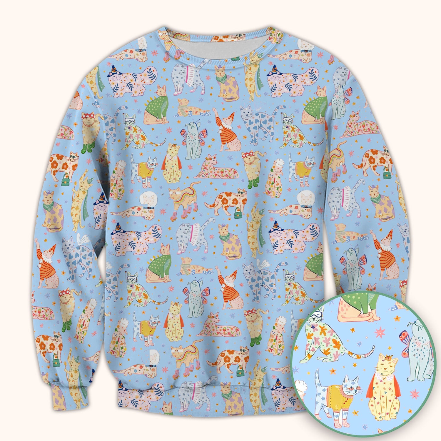 Colorful Pastel Cartoon Cats Print Scrub Top, Breathable Fabrics Nursing Uniform