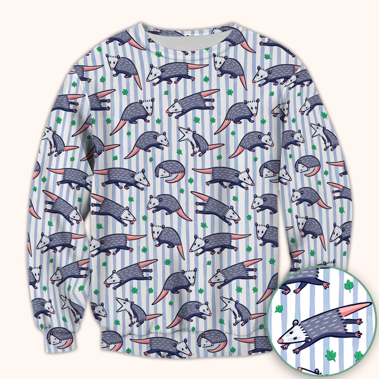 Cute Opossum Blue Stripe Pattern Scrub Top, Breathable Fabrics Nursing Uniform
