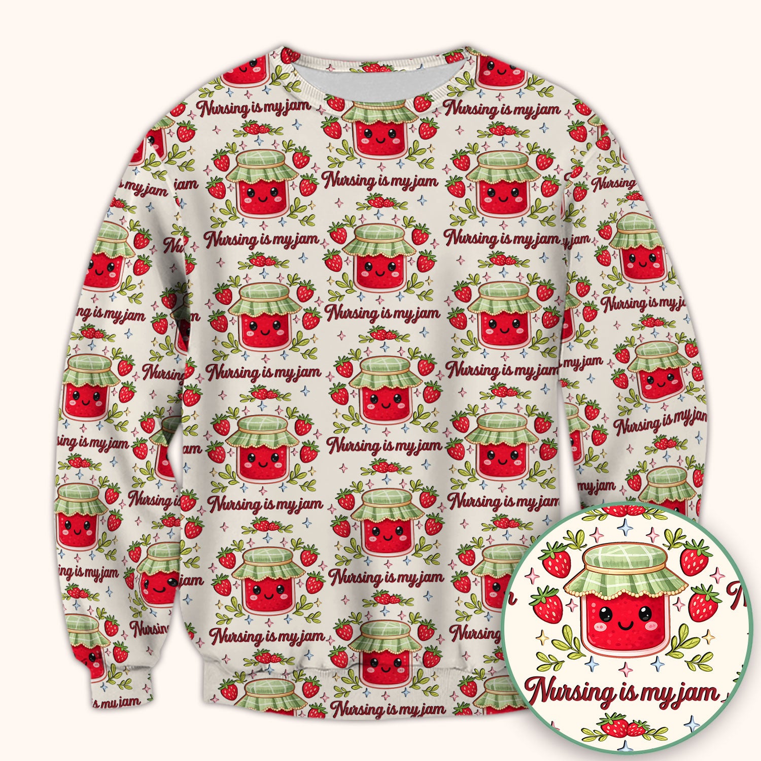 Cute Strawberry Jam Nurse Pattern Scrub Top, Breathable Fabrics Nursing Uniform