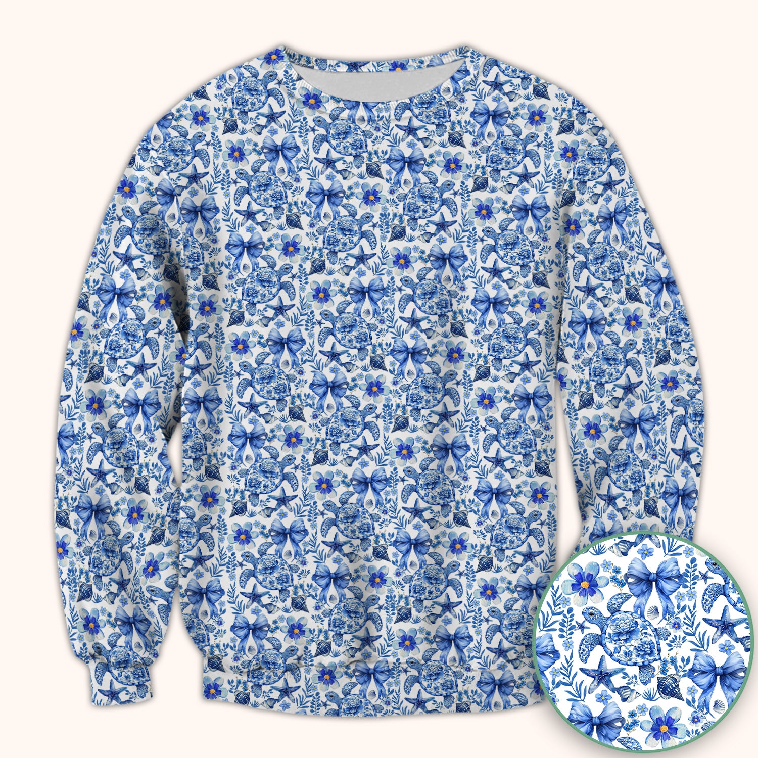 Cute Coastal Turtle Bow Pattern Scrub Top, Comfortable Scrubs for Nurses