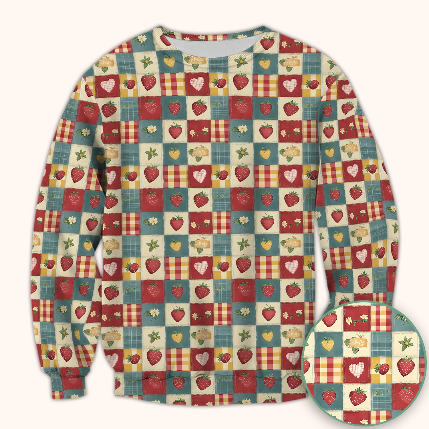 Cute Strawberry Floral Patchwork Pattern Scrubs Top, Comfortable Scrubs for Nurses