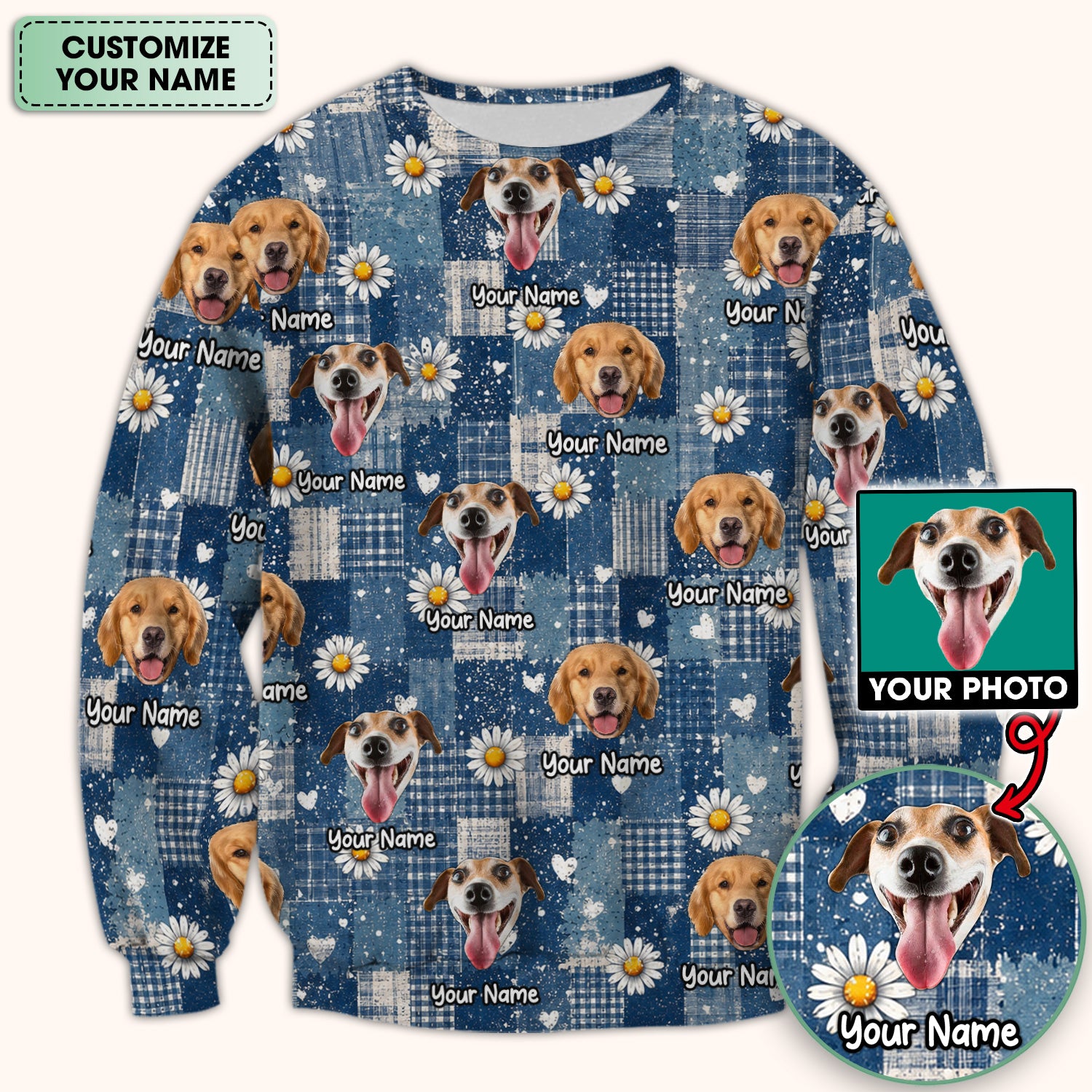 Personalized Cute Dog Portrait On Blue Patchwork Daisy Pattern Scrub Top, Comfortable Scrubs for Nurses