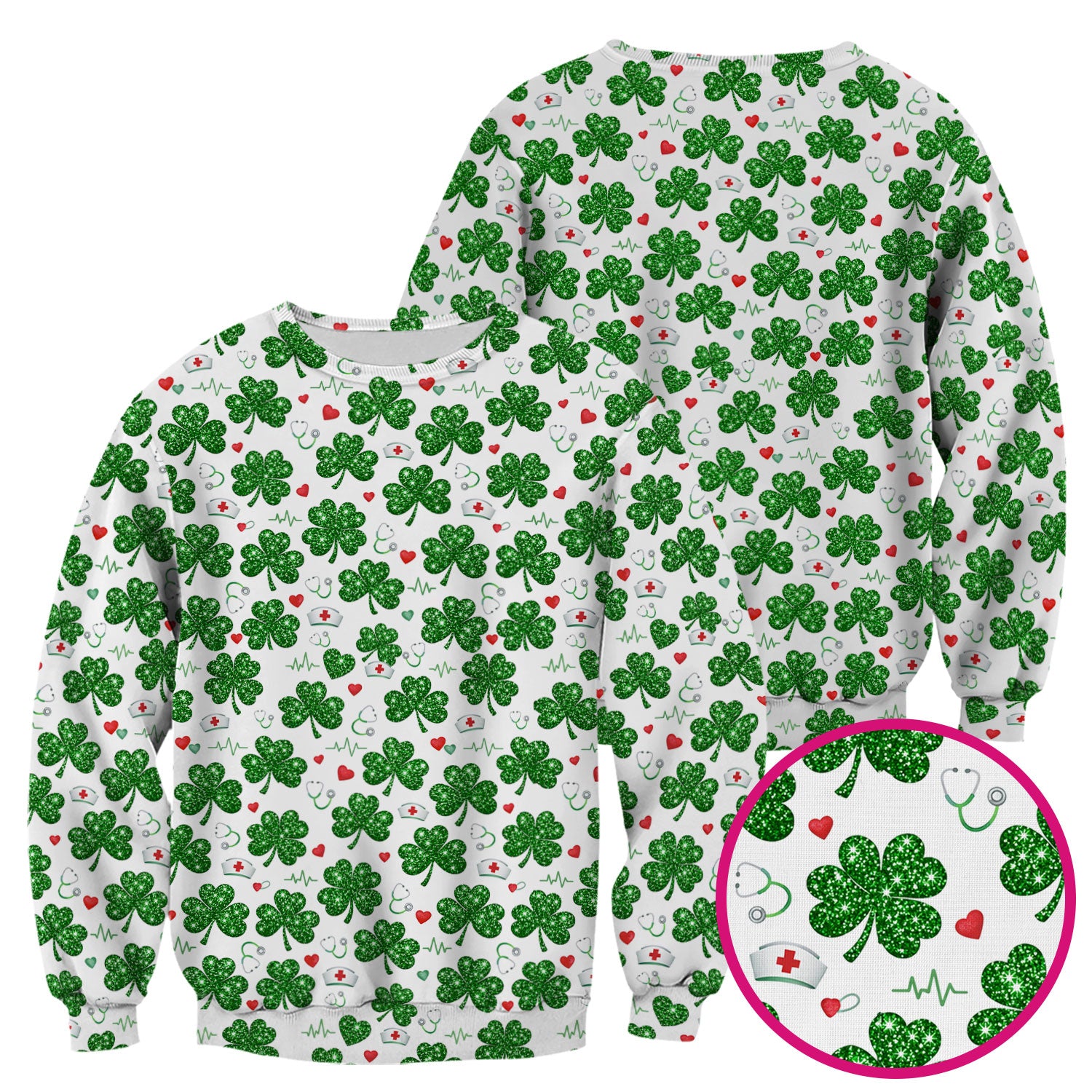 St. Patrick’s Day Nurse Scrub Top, Green Clover Medical Pattern Shirt, Breathable Fabrics Nursing Uniform