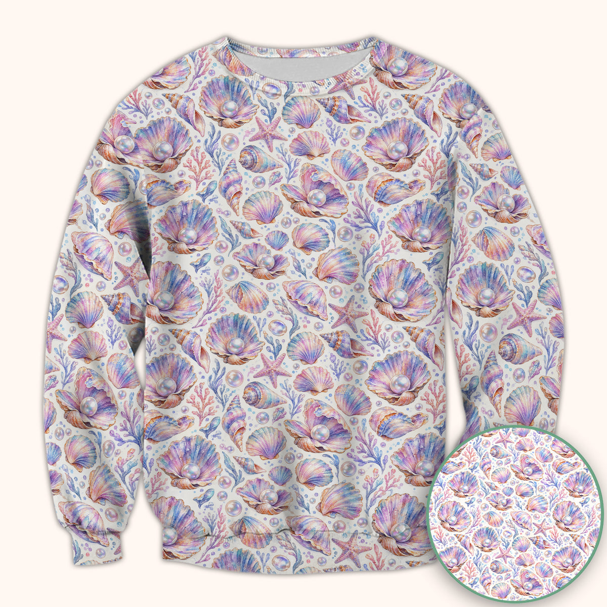 Pastel Seashell And Pearl Pattern Scrub Top, Comfortable Scrubs for Nurses