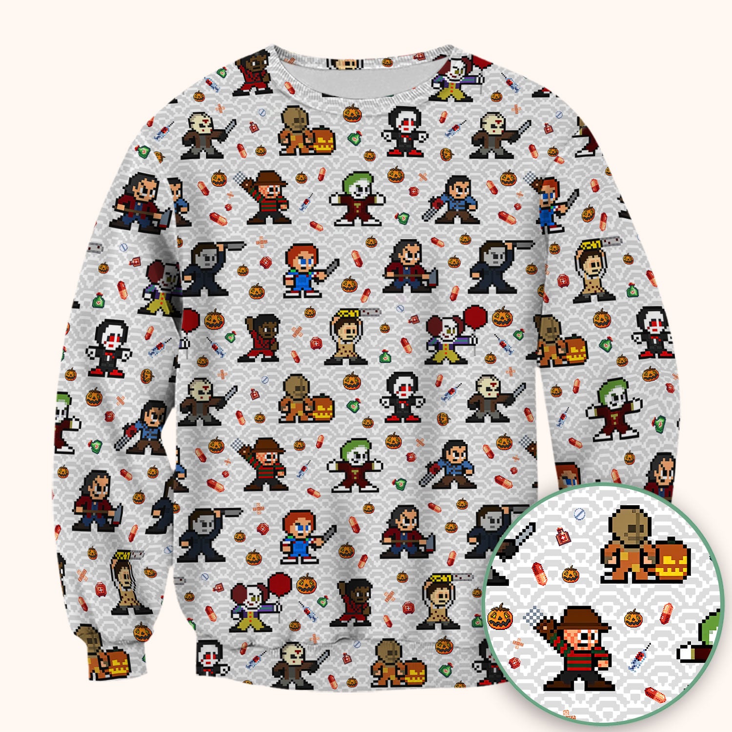 Halloween Horror Pixel Scrub - Retro Scary Character Med Uniform - Comfortable Scrubs for Nurses - Spooky Gift for RN LPN CNA