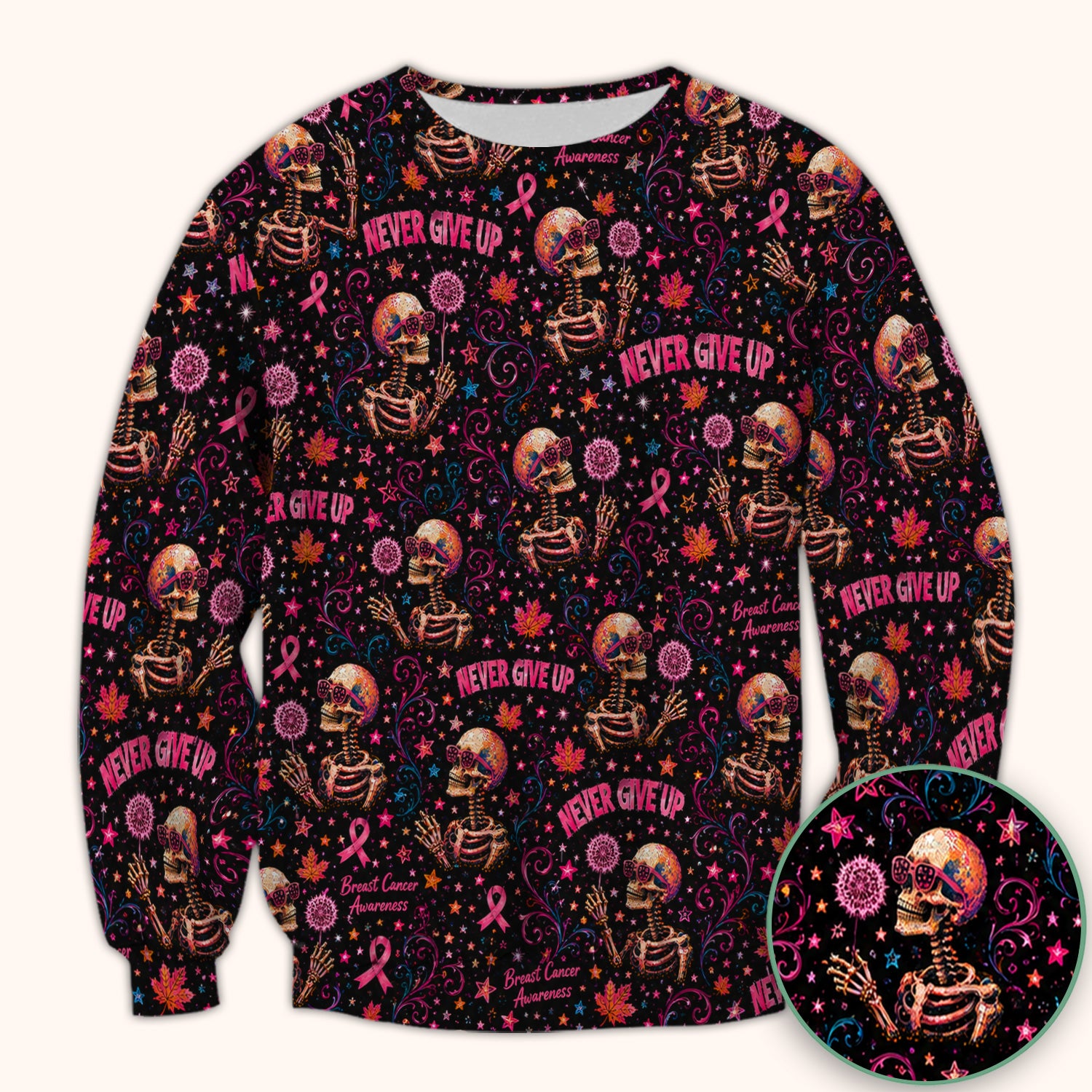 Breast Cancer Awareness Skeletons Pattern Scrub Top, Comfortable Scrubs for Nurses