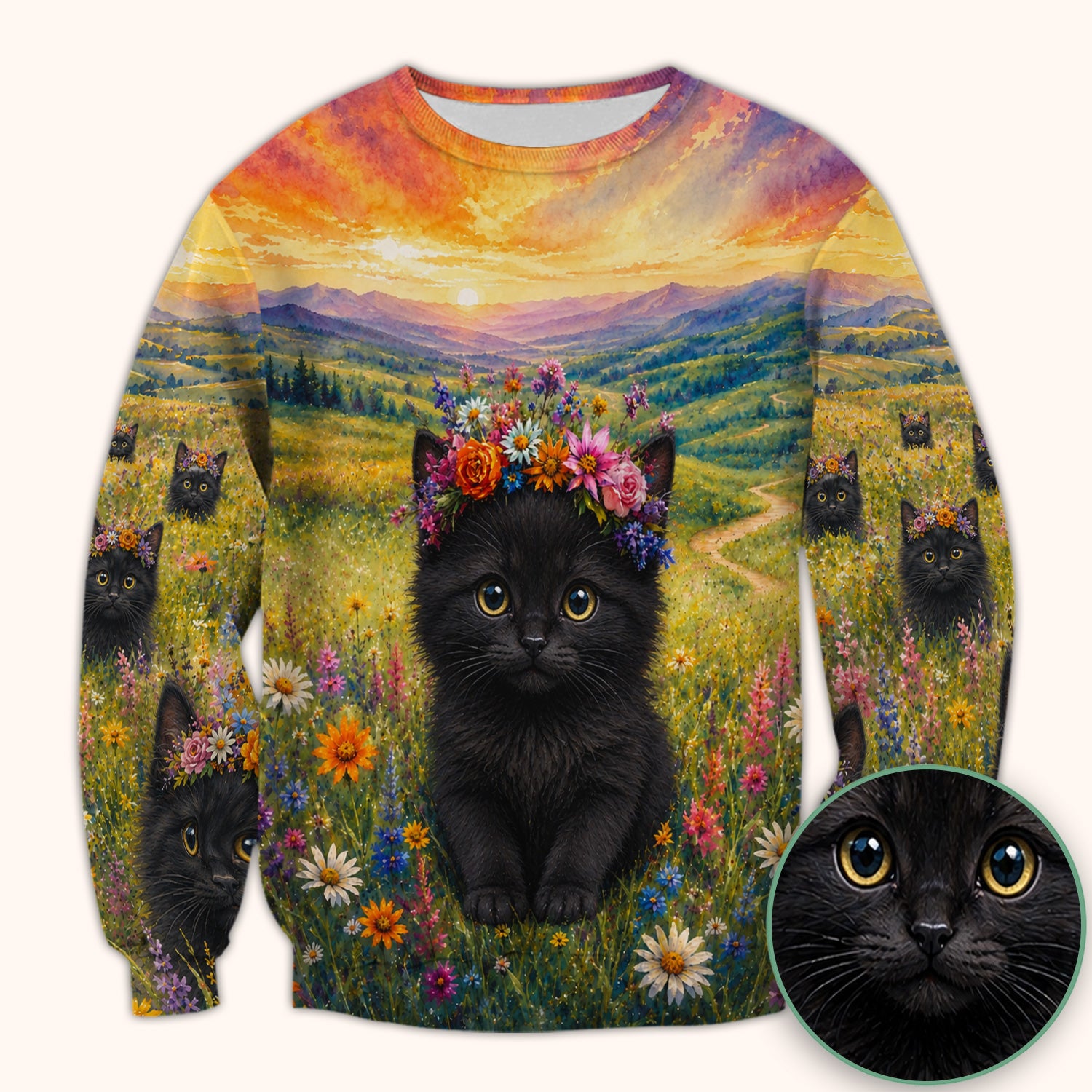 Black Kitten Flower Meadow Nurse Scrub Top for RN, CNA, Veterinary Staff, Cat Lover Uniform