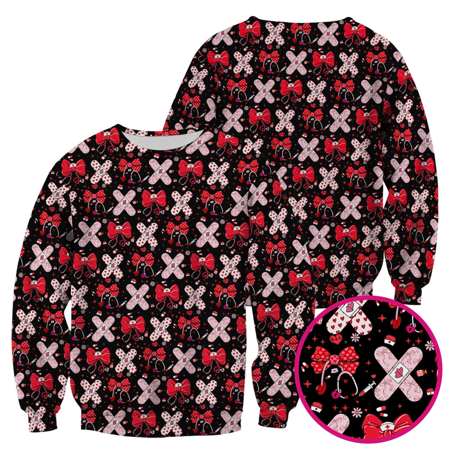 Valentine Nurse Scrub Top, Red Bow And Heart Bandage Pattern Medical Shirt, Breathable Fabrics Nursing Uniform