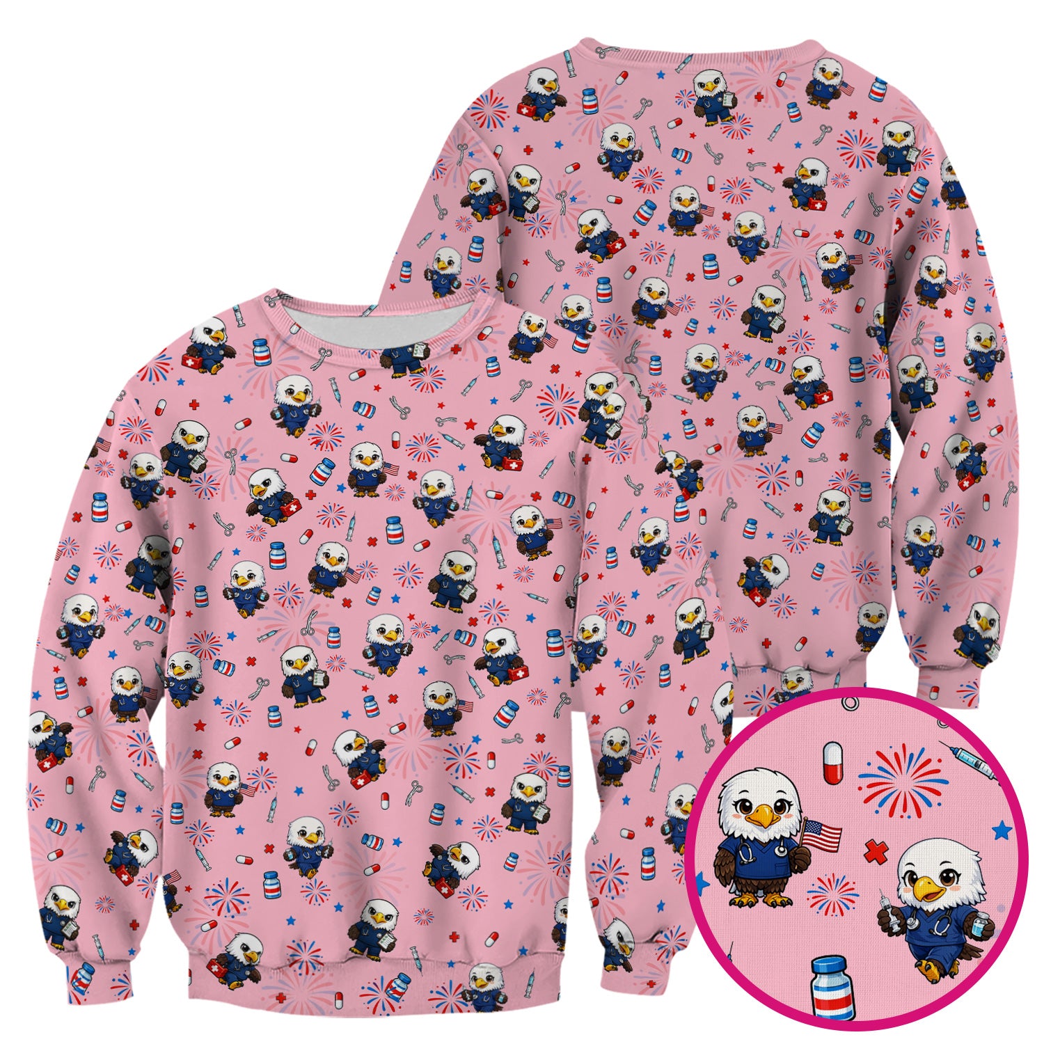 Patriotic Nurse Eagle Fireworks Medical Pattern Scrub Top, Breathable Fabrics Nursing Uniform
