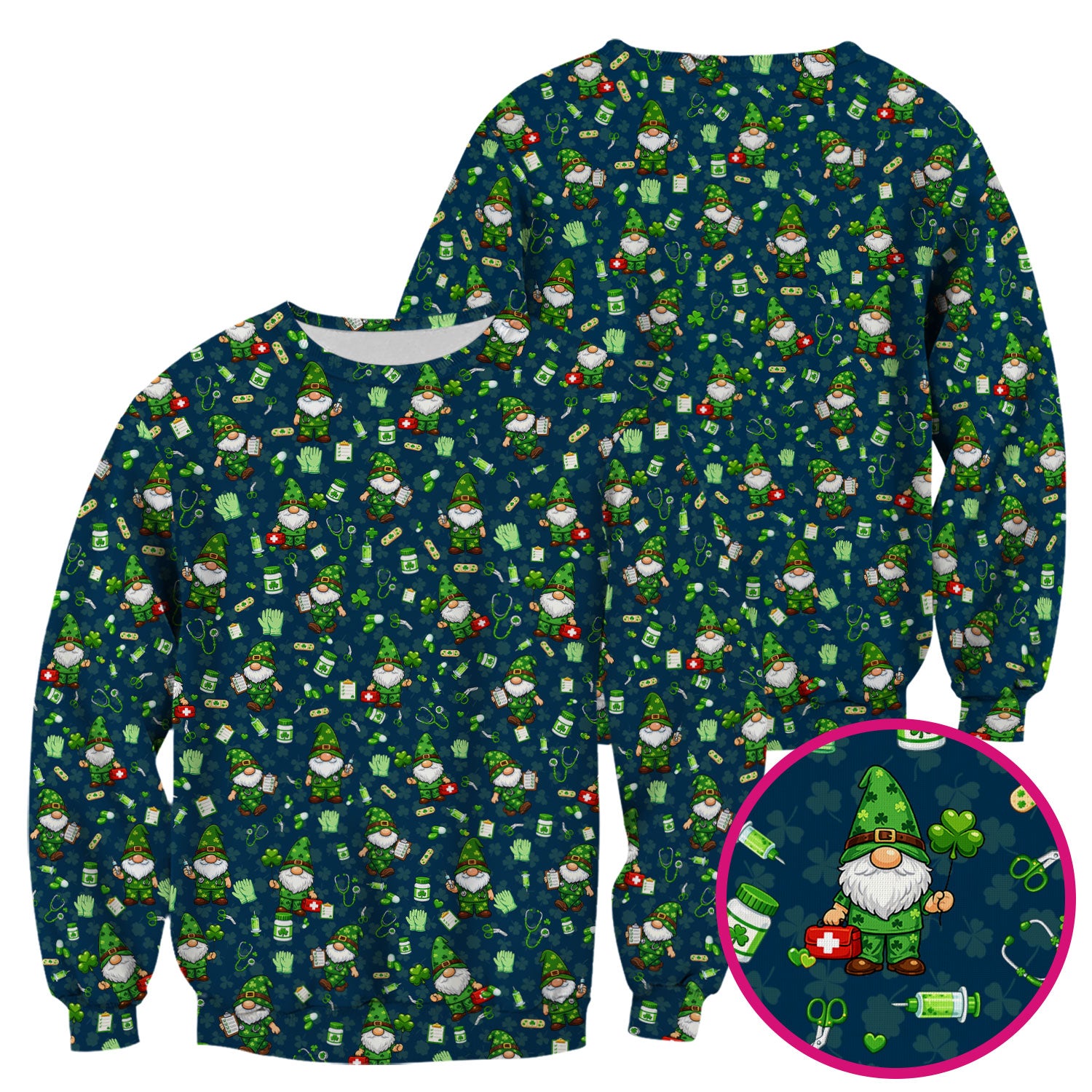 St. Patrick’s Day Nurse Gnome Scrub Top, Green Lucky Medical Pattern Nurse Shirt, Breathable Fabrics Nursing Uniform