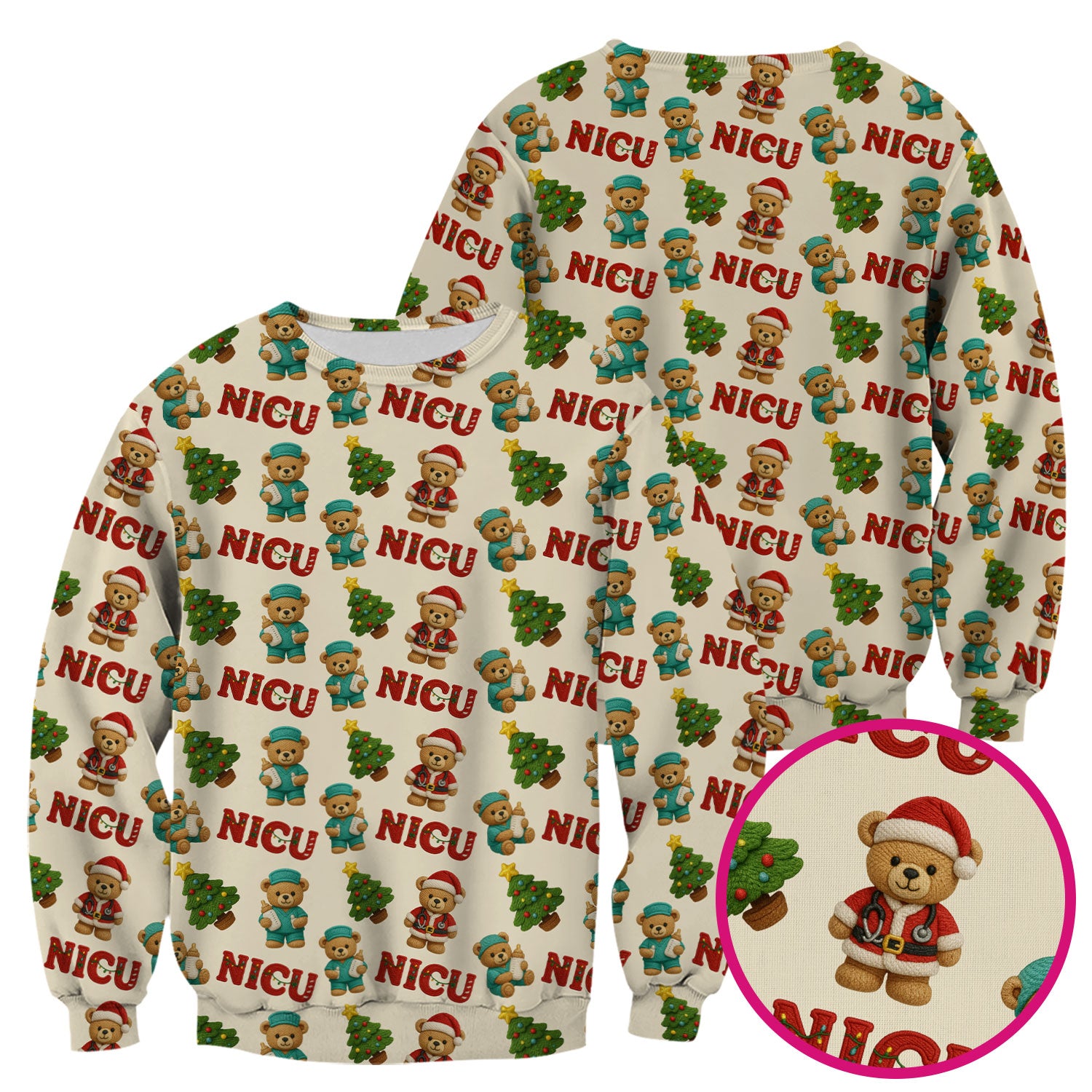 Festive Christmas NICU Nurse Teddy Bear Pattern, Breathable Fabrics Nursing Uniform
