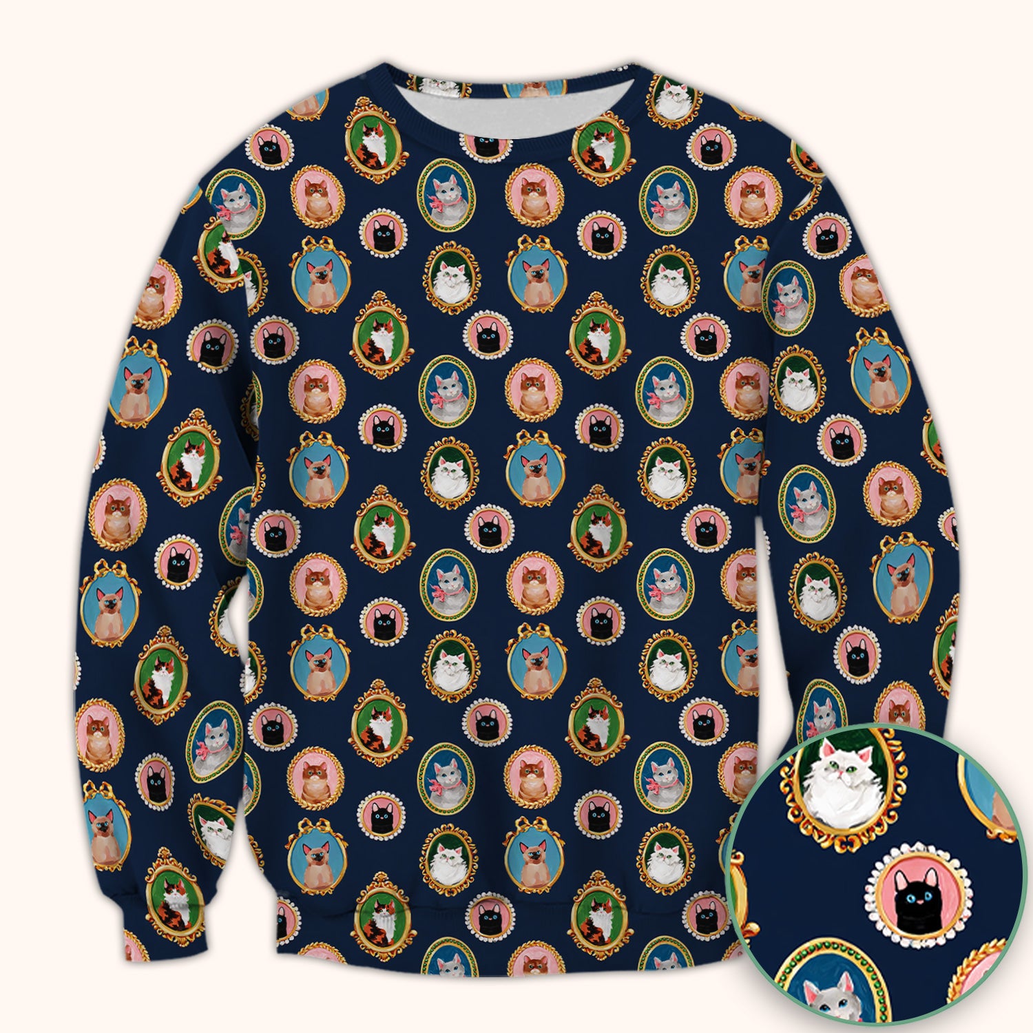 Vintage Cat Portrait Pattern Scrub Top, Breathable Medical Uniform Top