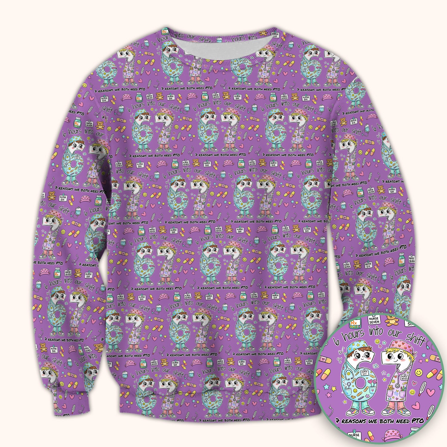 Cartoon Characters Six Hours Into Shift With Medical Doodle Scrub Top, Breathable Fabrics Nursing Uniform
