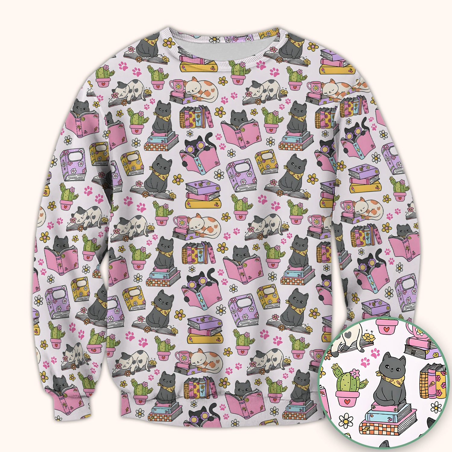 Cute Cat Book Cactus Seamless Pattern Scrub Top, Comfortable Scrubs for Nurses
