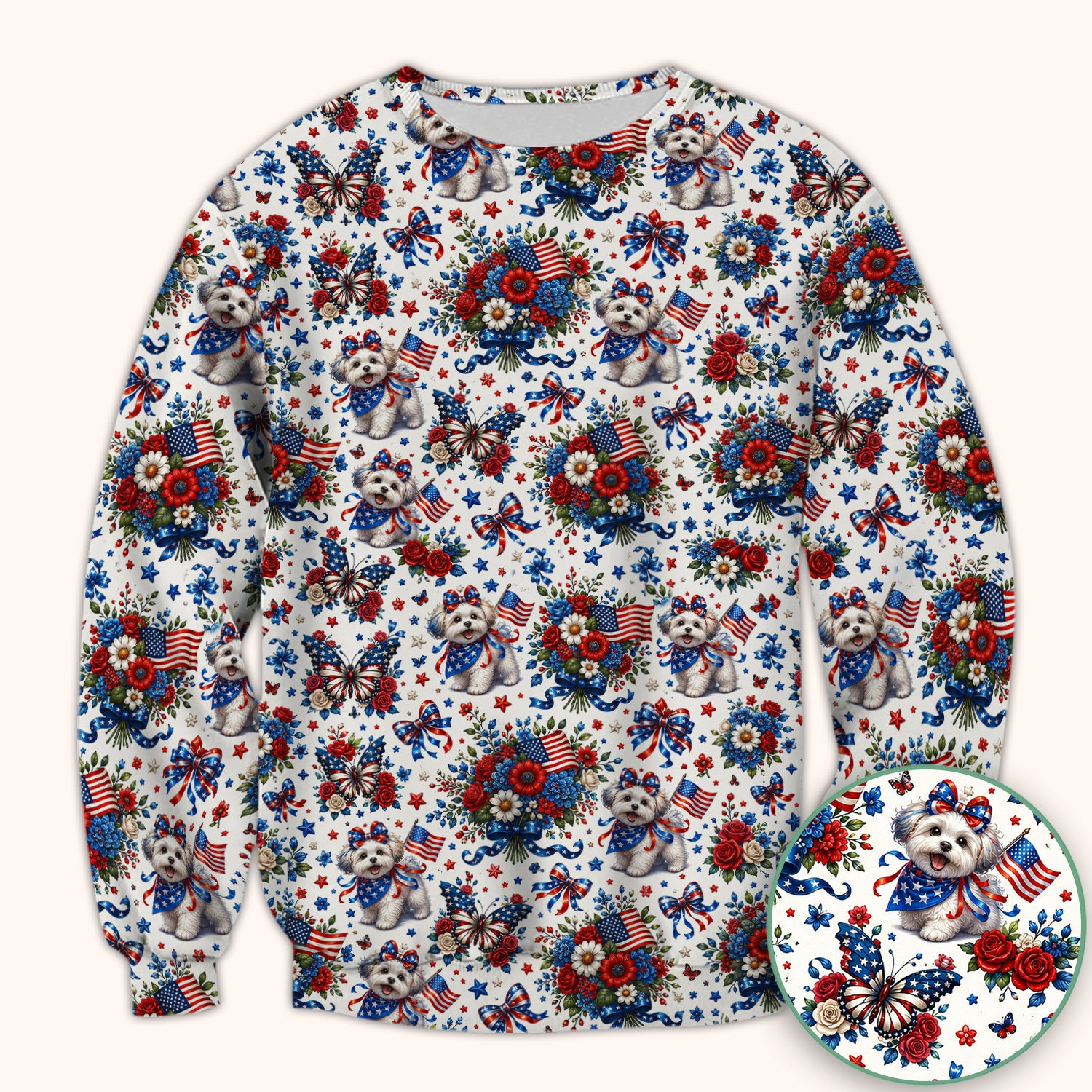 Patriotic Puppy Floral Bouquet Pattern Scrub Top, Comfortable Scrubs for Nurses