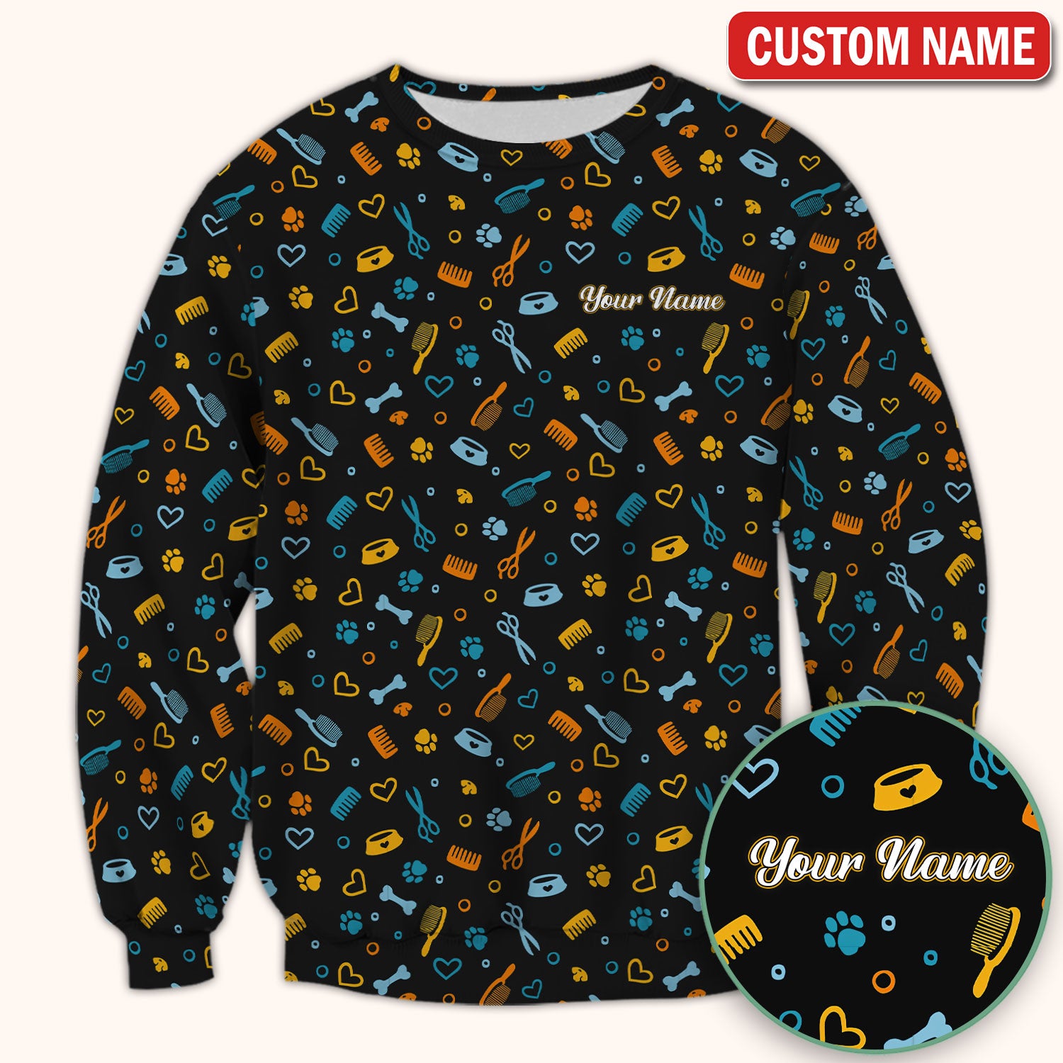 Custom Name Dog Cat Grooming Pattern Scrub Top, Breathable Fabrics Nursing Uniform
