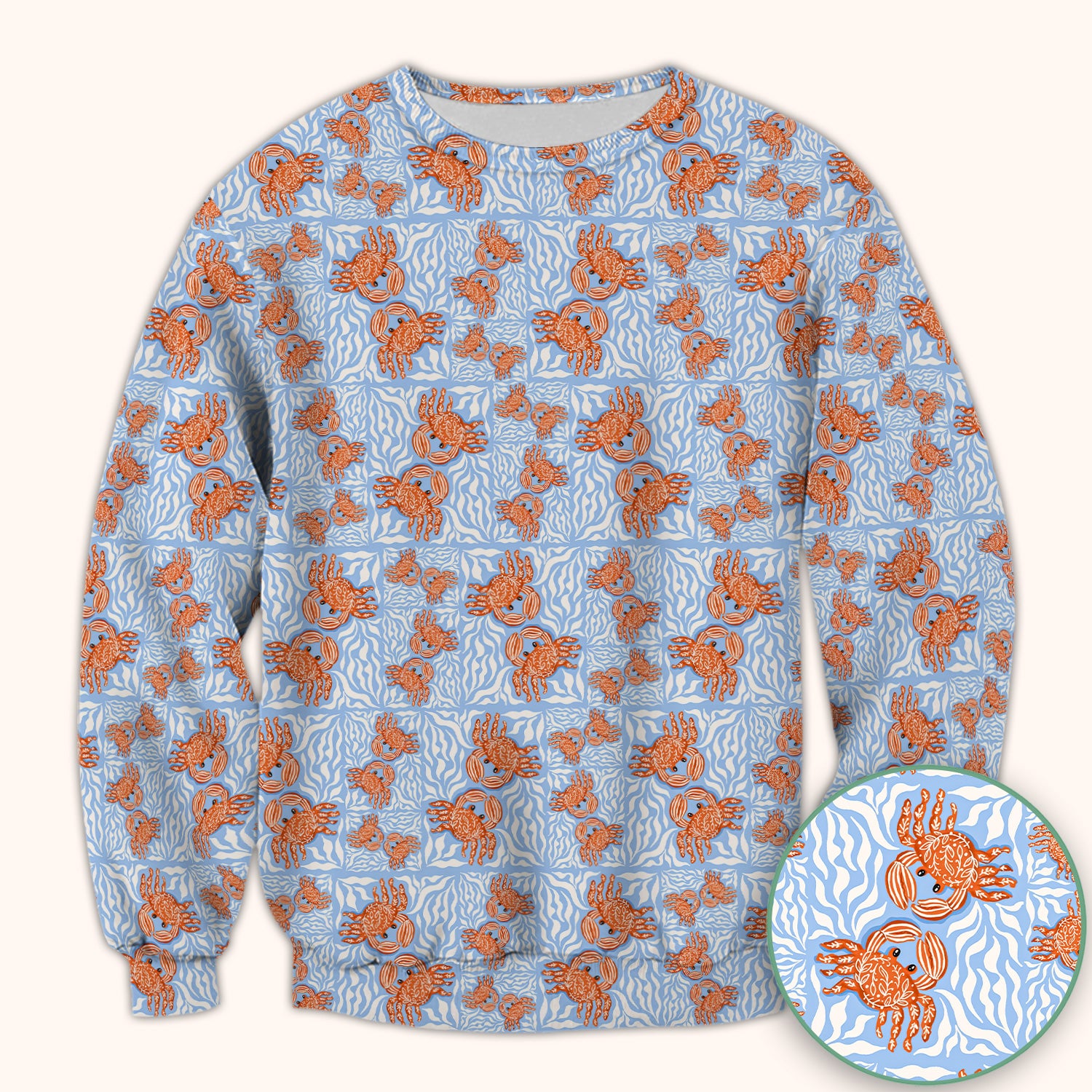 Cute Coastal Crab Print Scrub Top, Breathable Fabrics Nursing Uniform