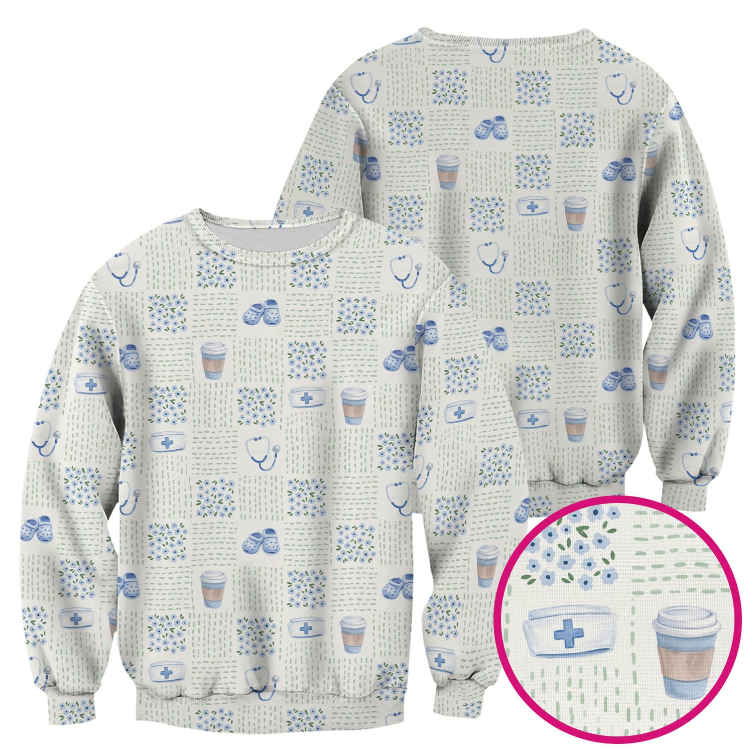 Cute Medical Essentials Pattern Scrub Top, Comfortable Scrubs for Nurses