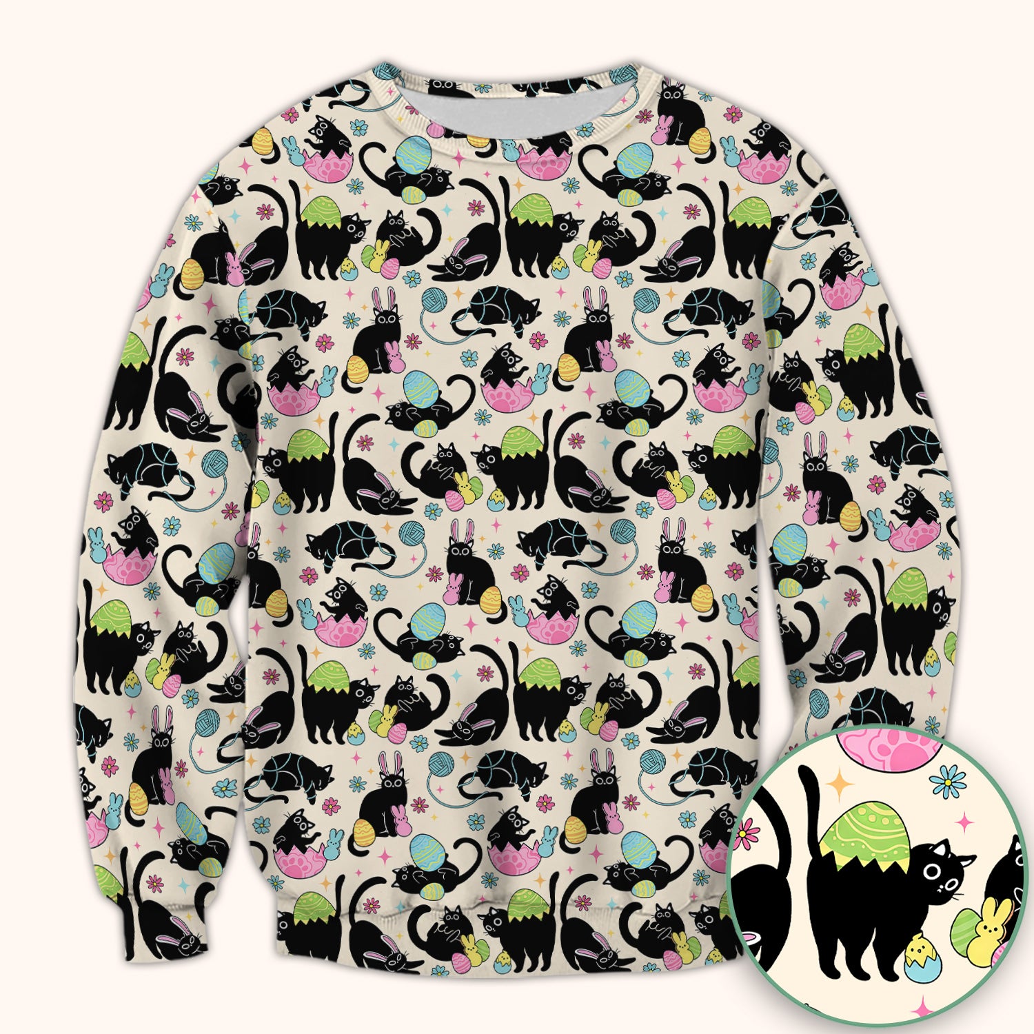 Funny Easter Black Cat Egg Pattern Scrub Top, Breathable Fabrics Nursing Uniform
