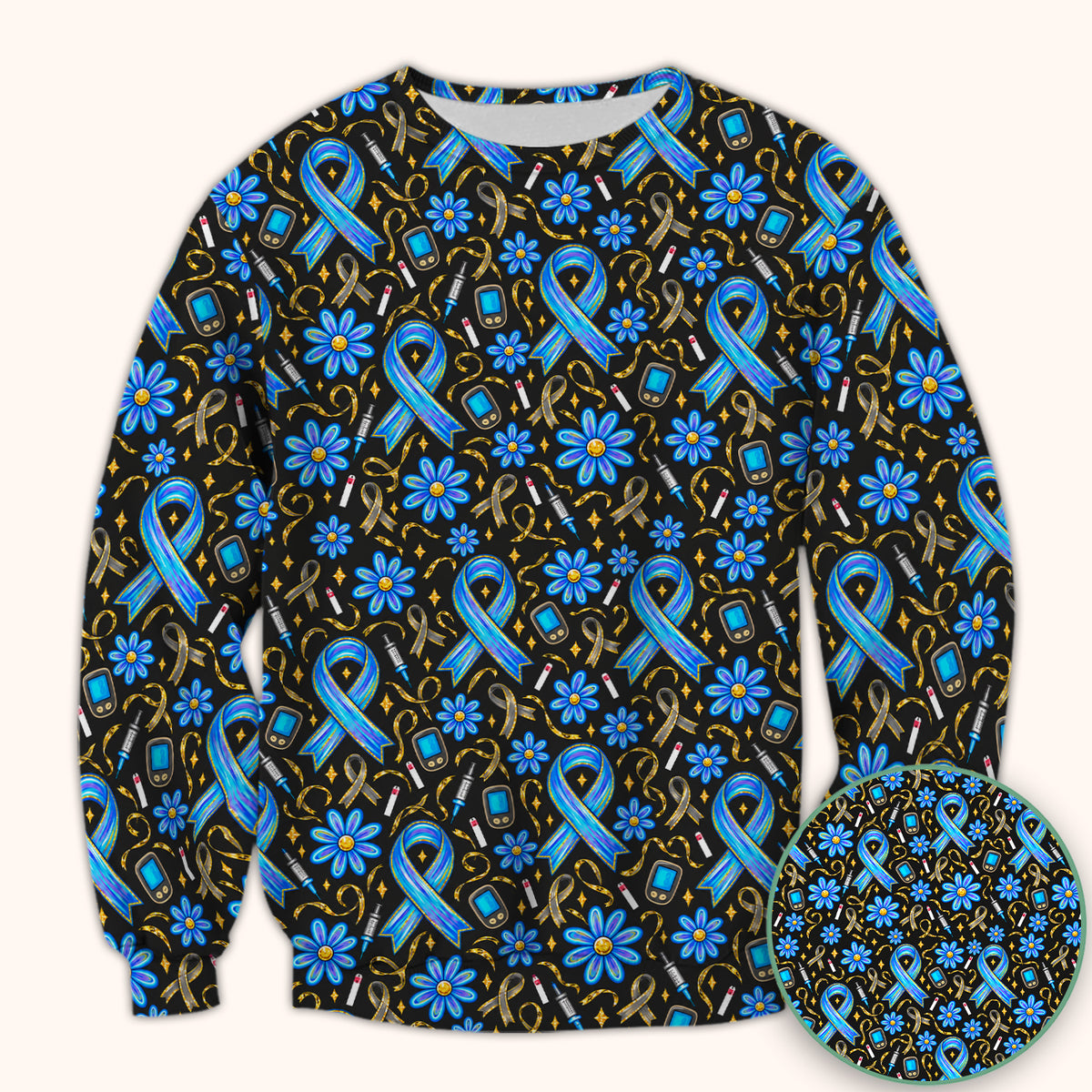 Diabetes Awareness Ribbon Pattern Scrub Top, Comfortable Scrubs for Nurses