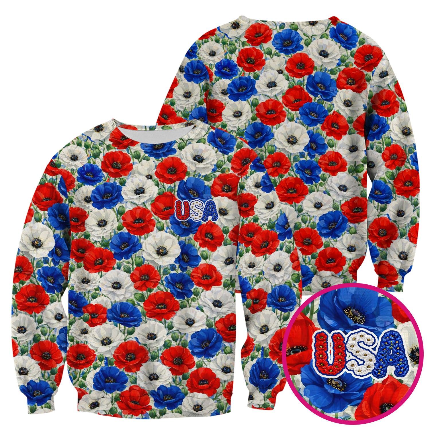 Festive Patriotic Red Blue Poppy Floral Pattern Scrub Top, Comfortable Scrubs for Nurses