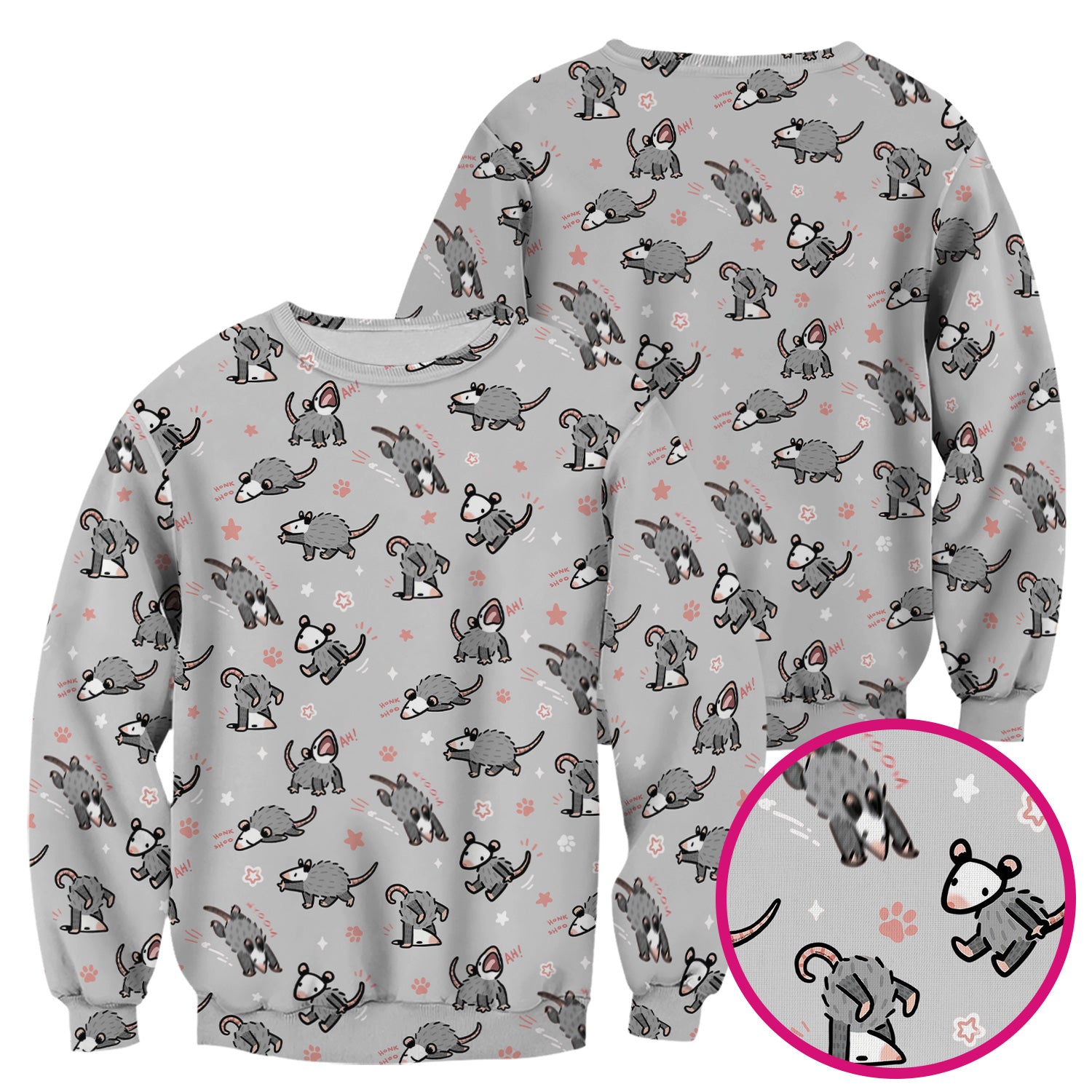 Playful Cartoon Opossum Character Pattern Scrub Top, Breathable Fabrics Nursing Uniform