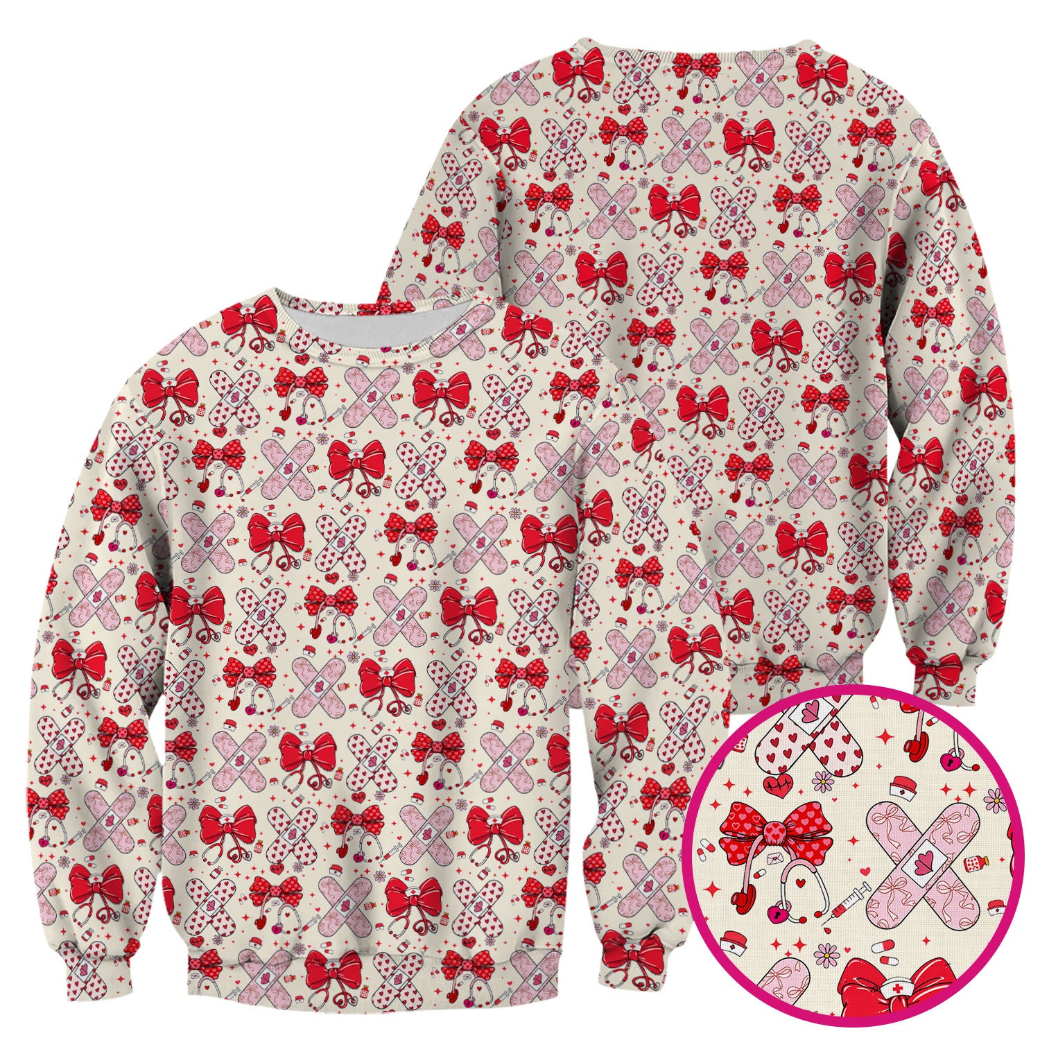 Valentine Nurse Scrub Top, Red Bow And Heart Bandage Pattern Medical Shirt, Breathable Fabrics Nursing Uniform