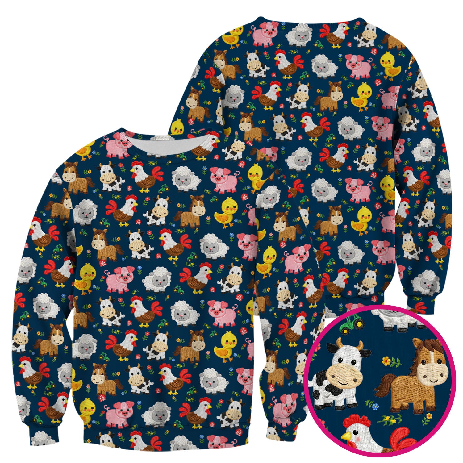 Cartoon Farm Animal Pattern Scrub Top, Breathable Fabrics Nursing Uniform