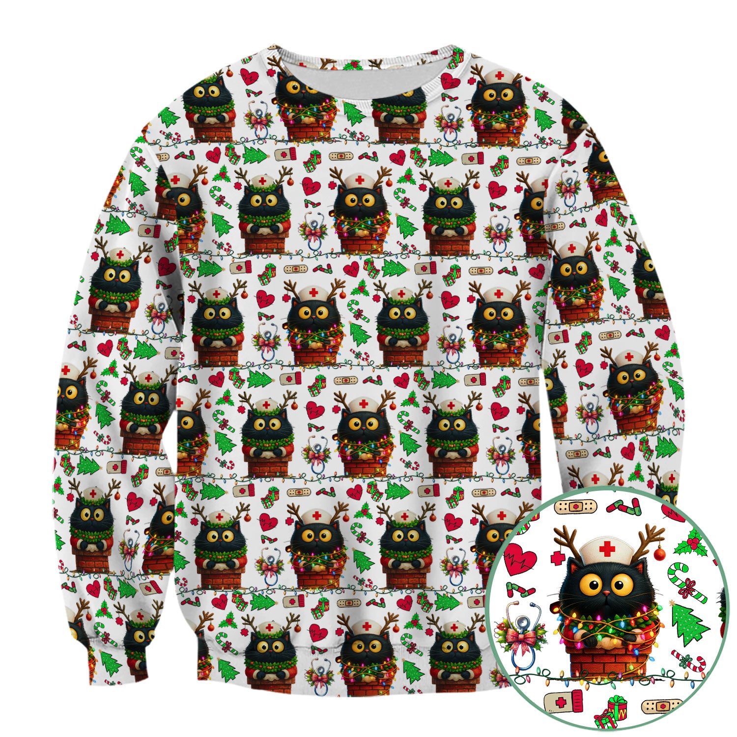 Christmas Black Cat Scrub Top for Nurse - Cute Reindeer Cat with Xmas Lights - Festive Holiday Medical Uniform for Women