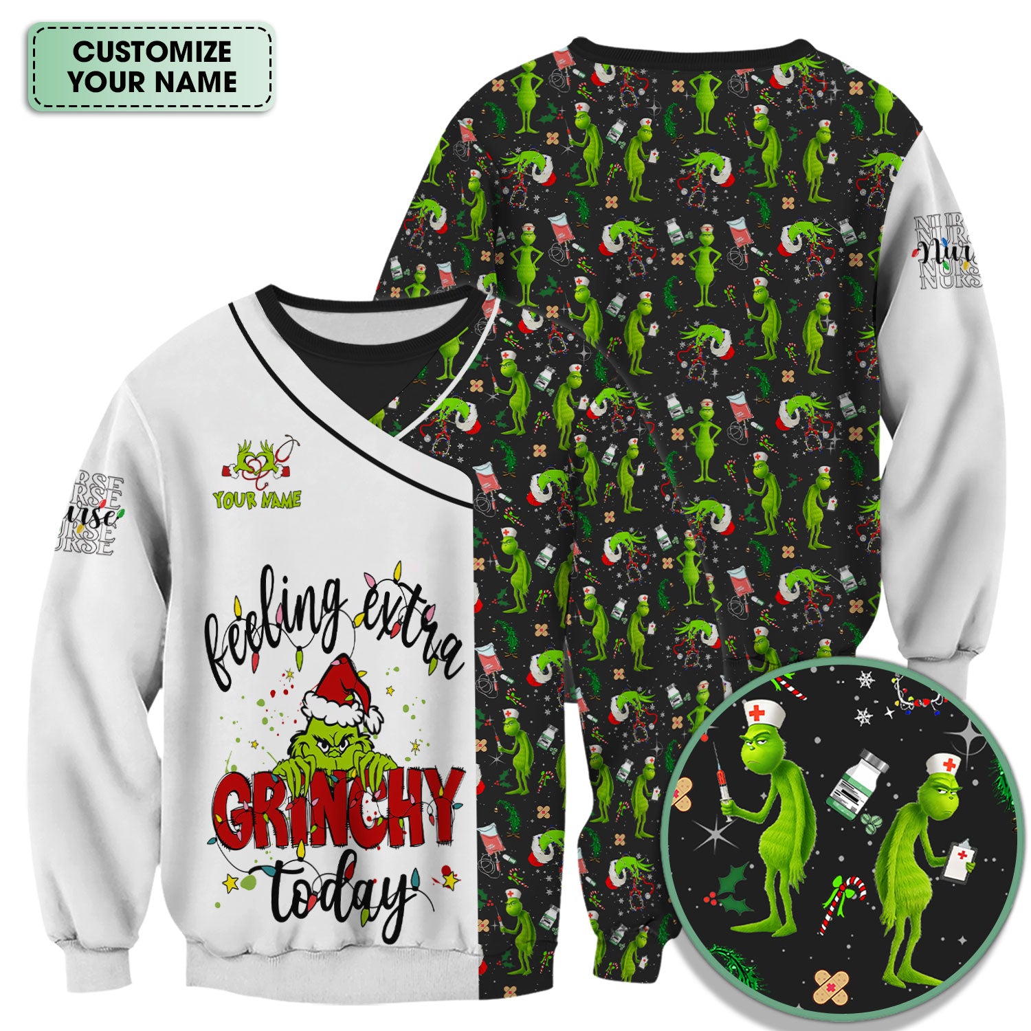 Custom Grinch Nurse Scrub Top Multi Color - Feeling Extra Grinchy Today Christmas Scrub Shirt - Funny Holiday Nursing Workwear
