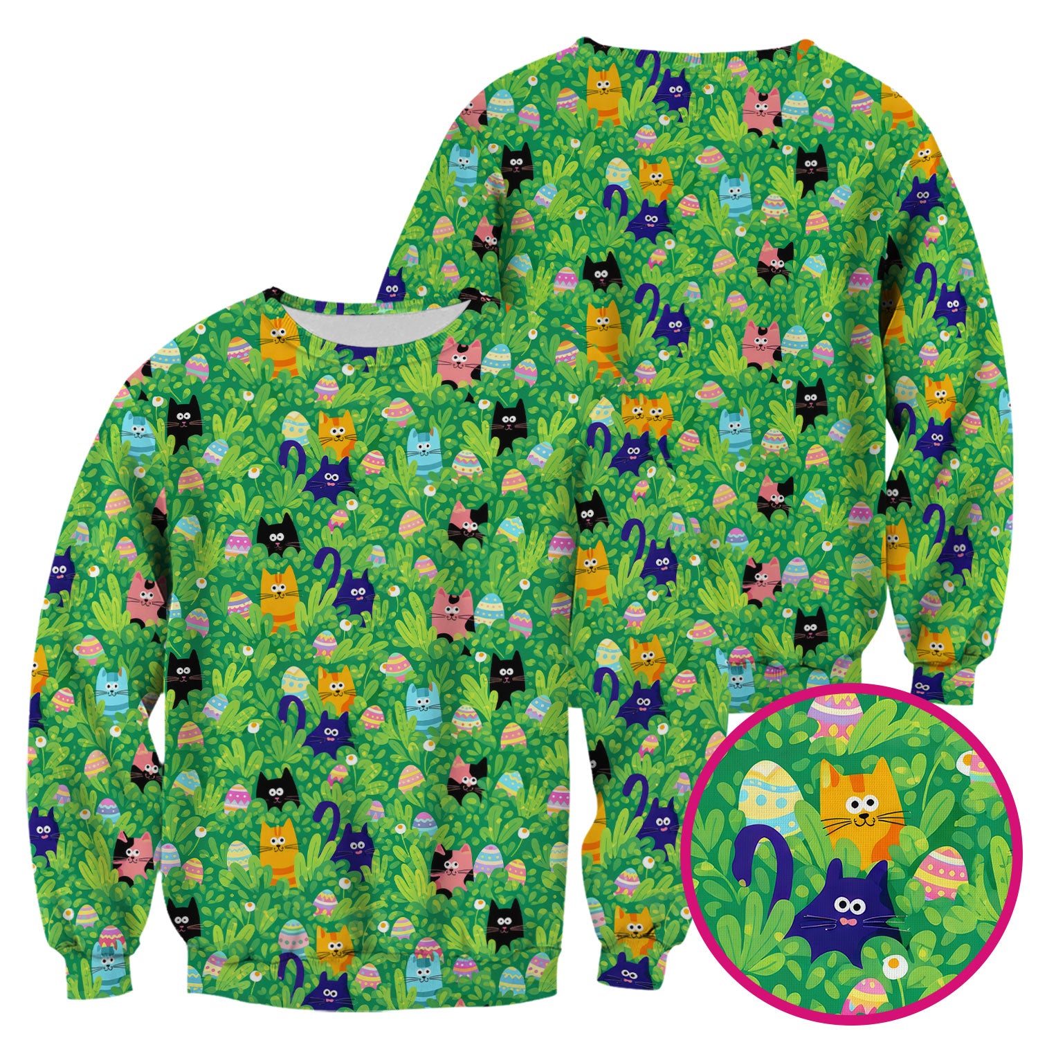 Colorful Easter Cats Green Leaves Print Scrub Top, Comfortable Scrubs for Nurses