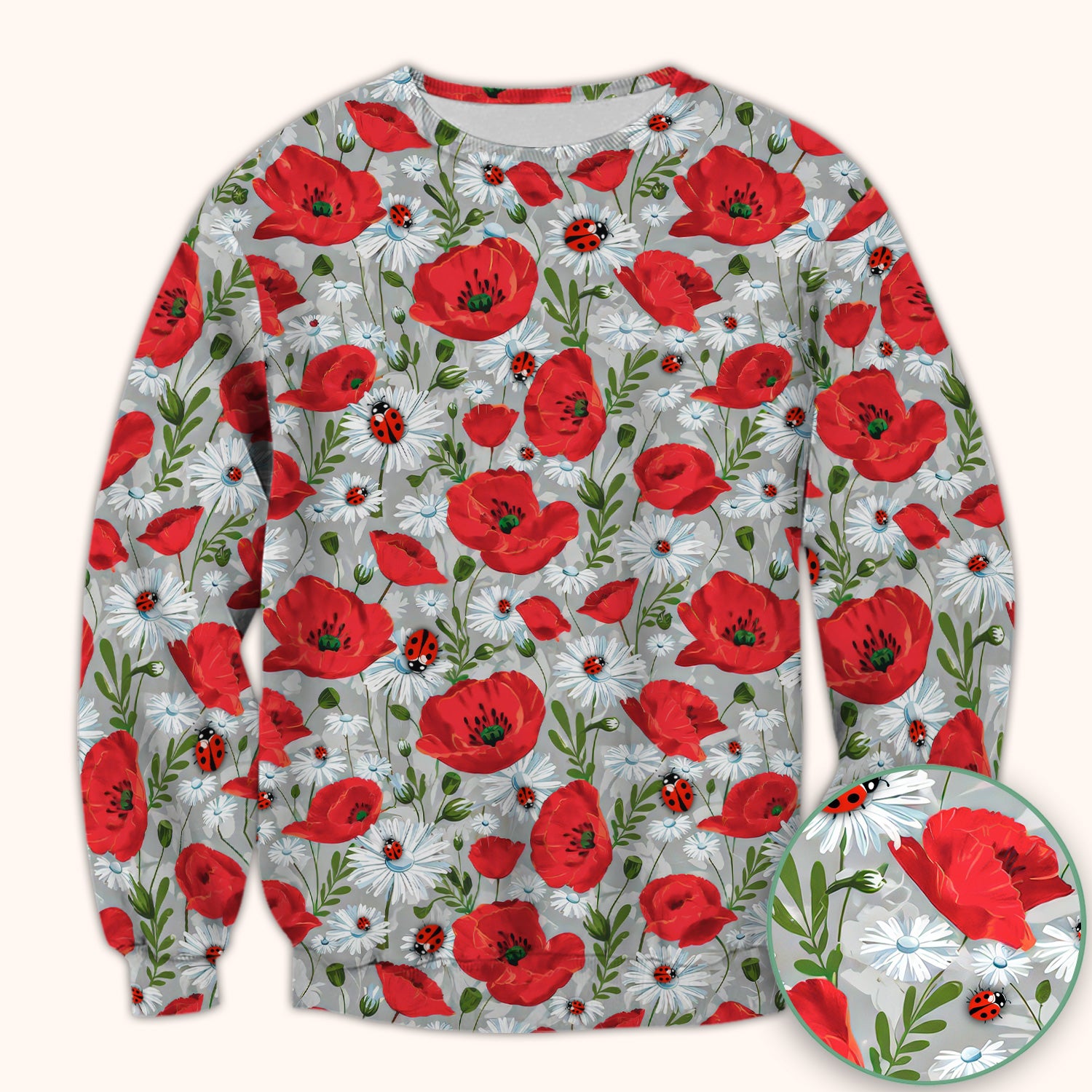 Cute Red Poppy Daisy Ladybug Floral Print Scrub Top, Comfortable Scrubs for Nurses