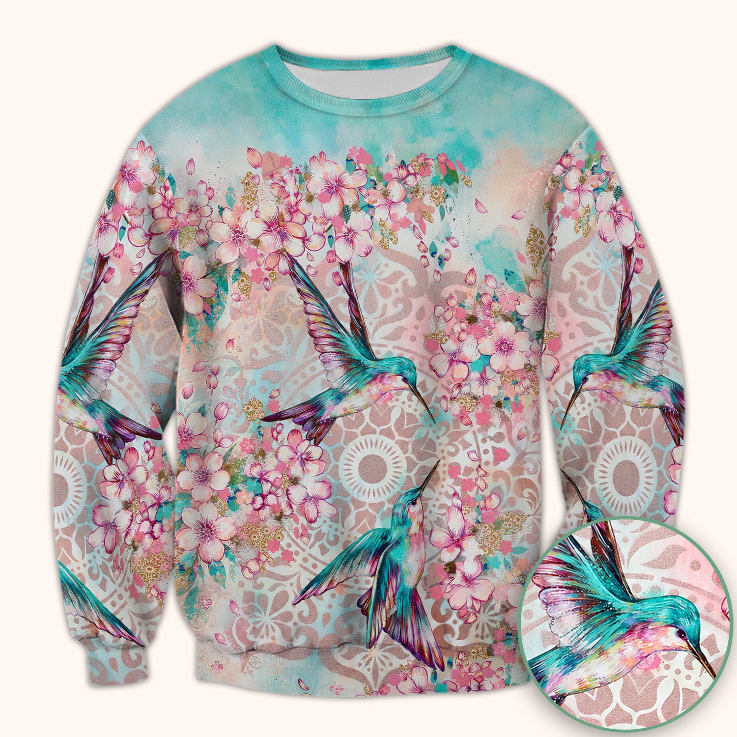 Charming Hummingbird Cherry Blossom Pattern Scrub Top, Comfortable Scrubs for Nurses