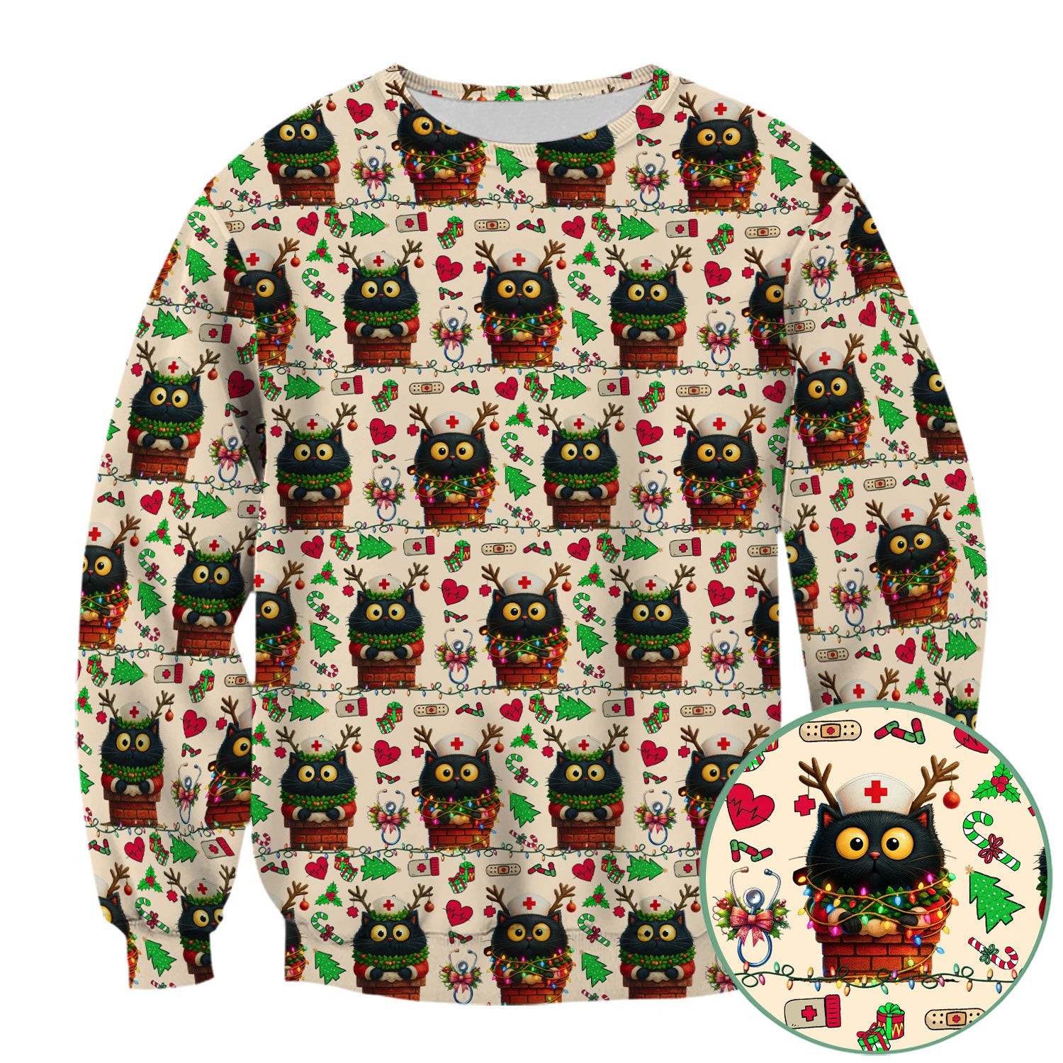 Funny Black Cat Scrub Top for Nurse - Cute Reindeer Cat with Christmas Lights Shirt - Festive Holiday Medical Gift for RN CNA LPN